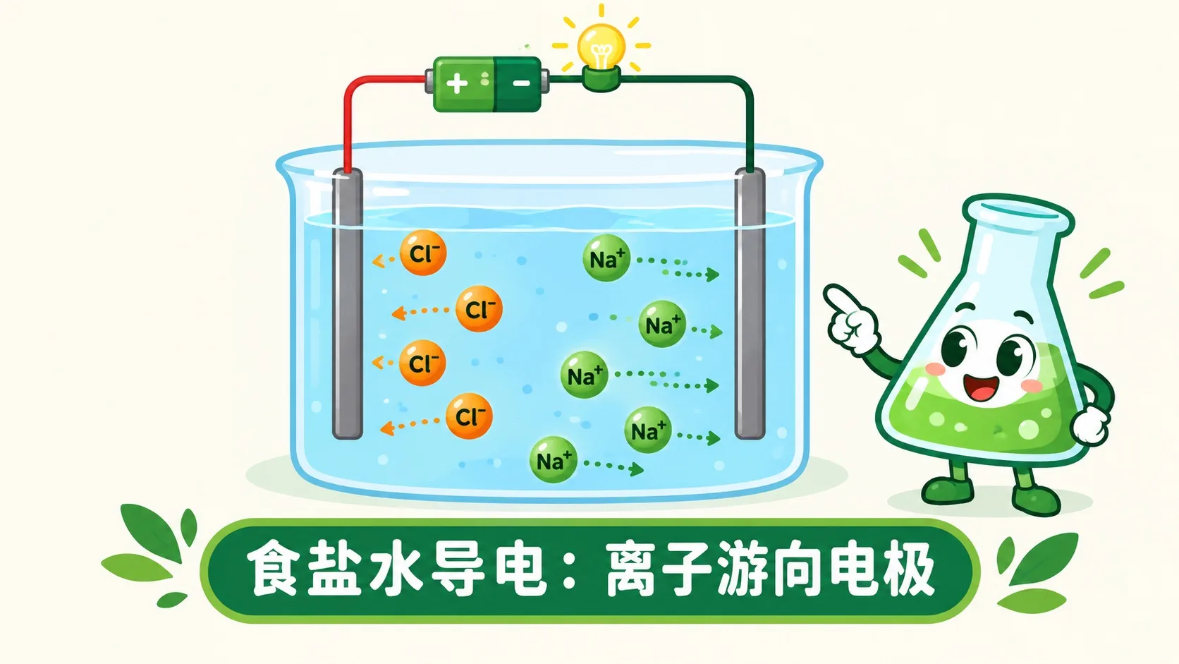 食盐水导电：Na⁺ 和 Cl⁻ 游向正负电极