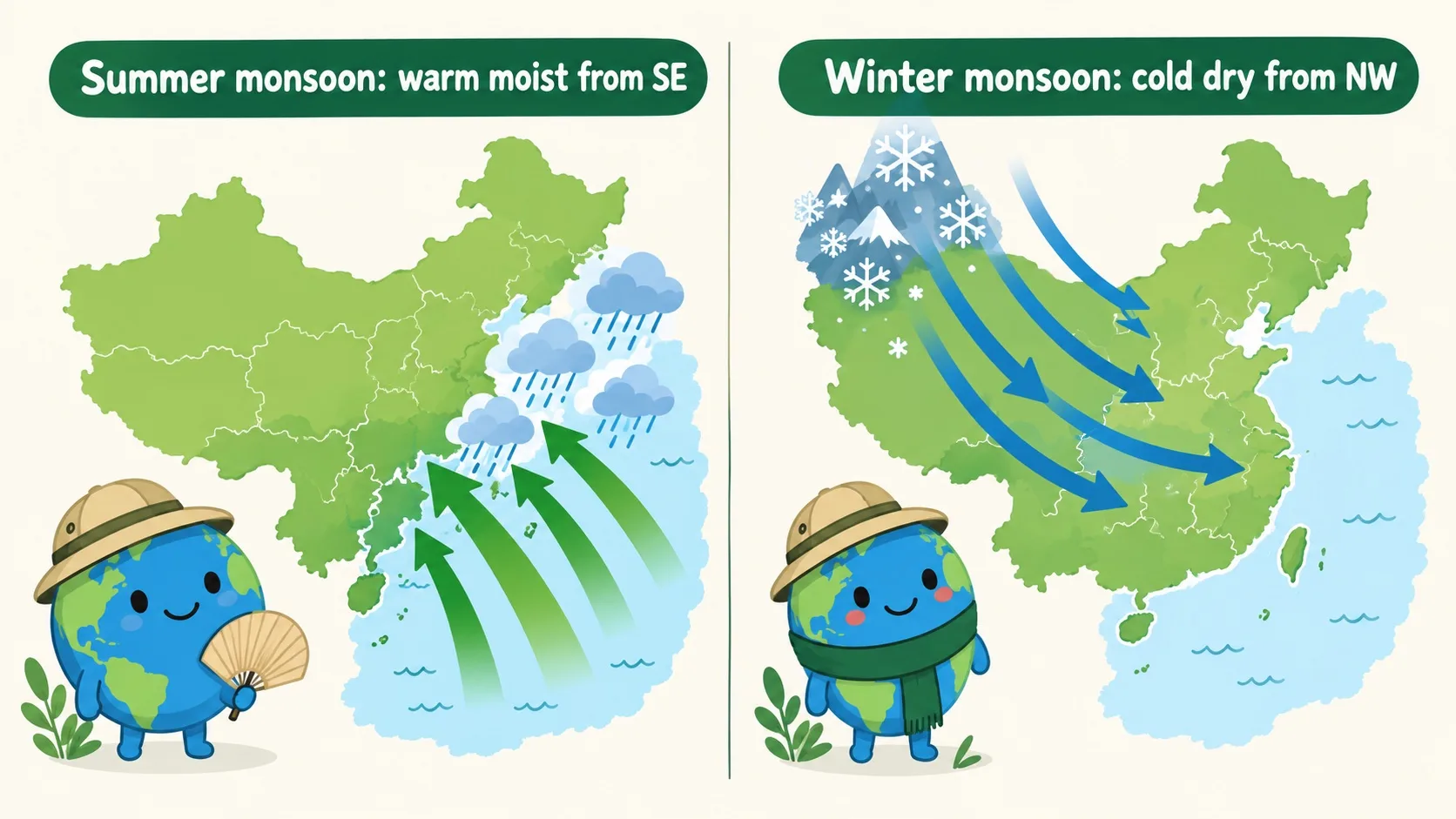 夏季风与冬季风风向箭头反转对比图