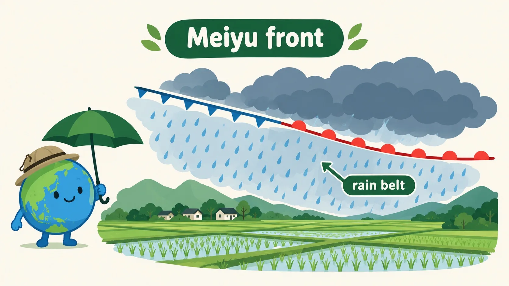 梅雨锋面与雨带示意图
