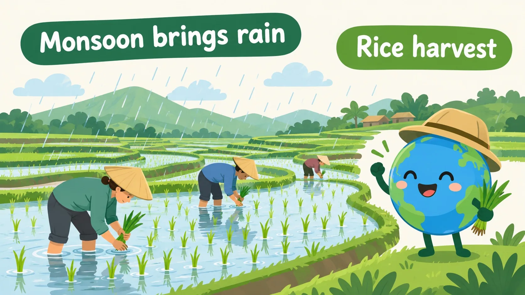 季风降雨中的水稻田