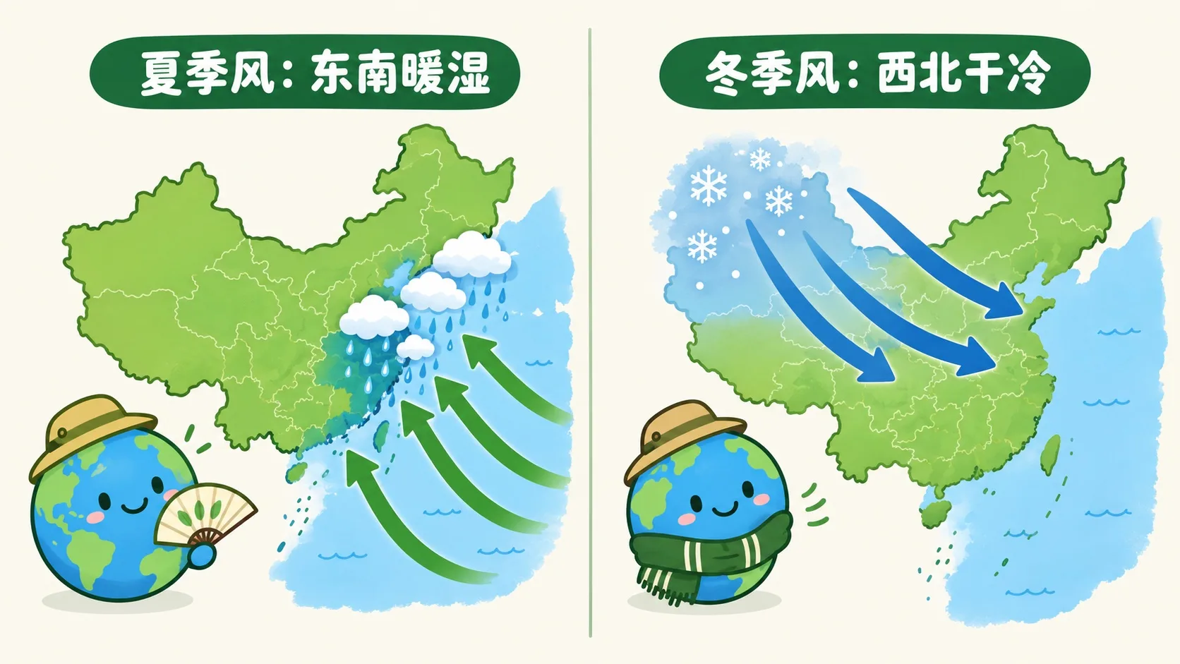 夏季风与冬季风风向箭头反转对比图