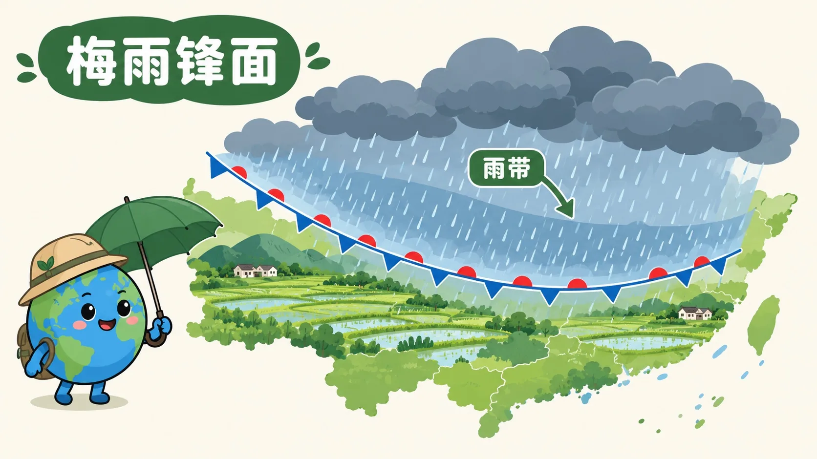 梅雨锋面与雨带示意图
