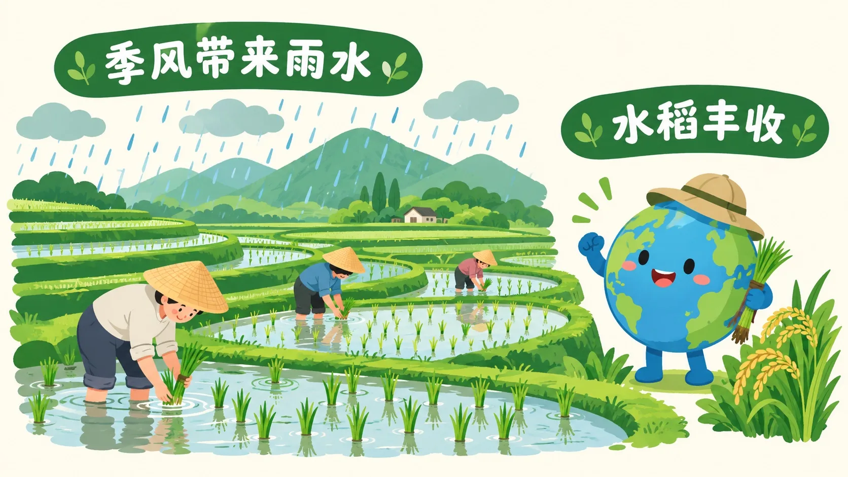 季风降雨中的水稻田