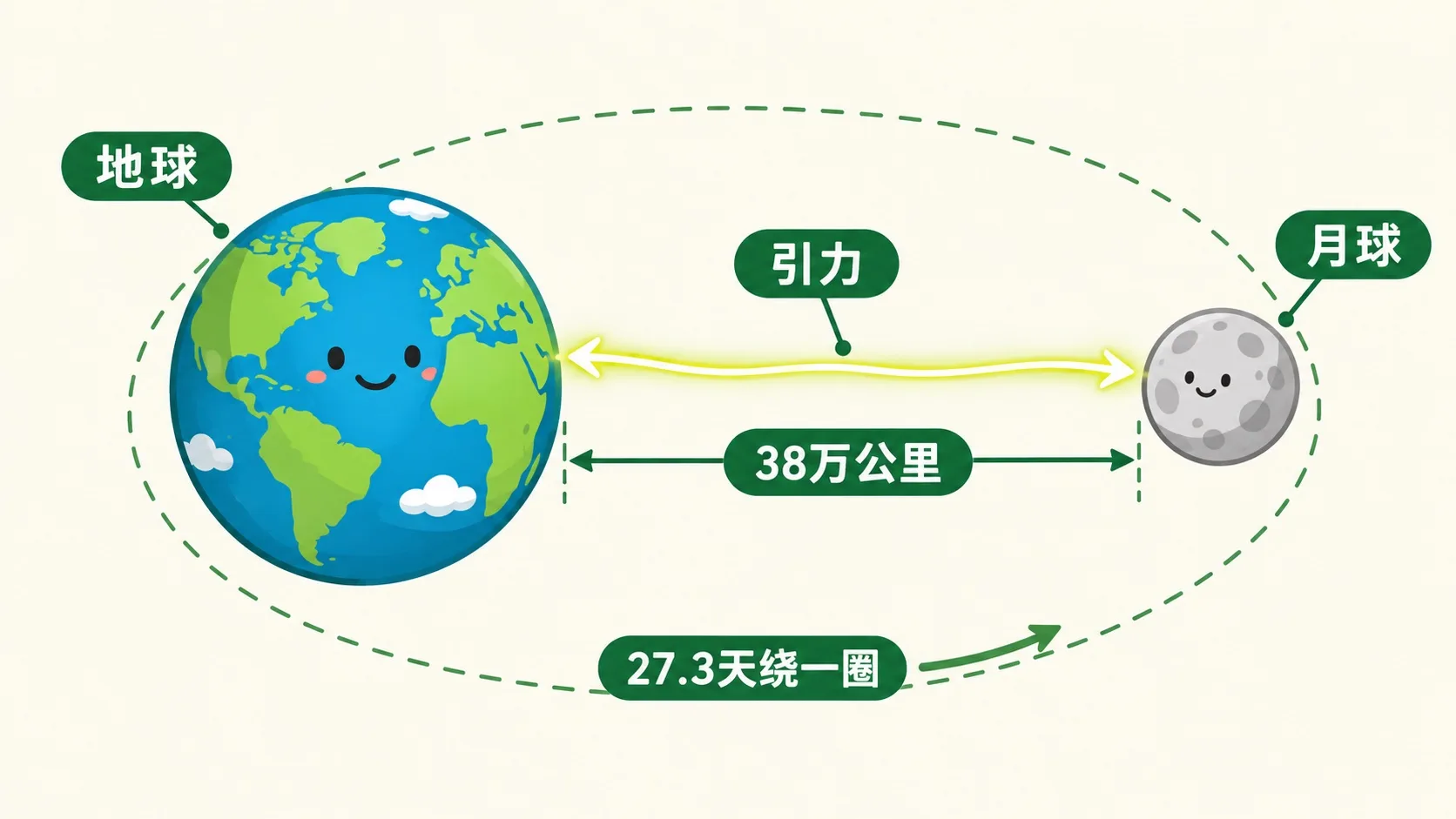 地球用引力拽着月球：38万公里，27.3天绕一圈