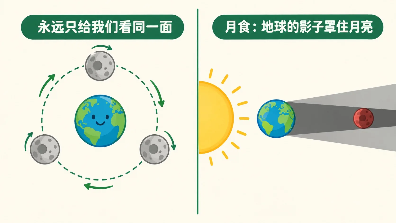 潮汐锁定同一面；月食是地球影子罩住月亮