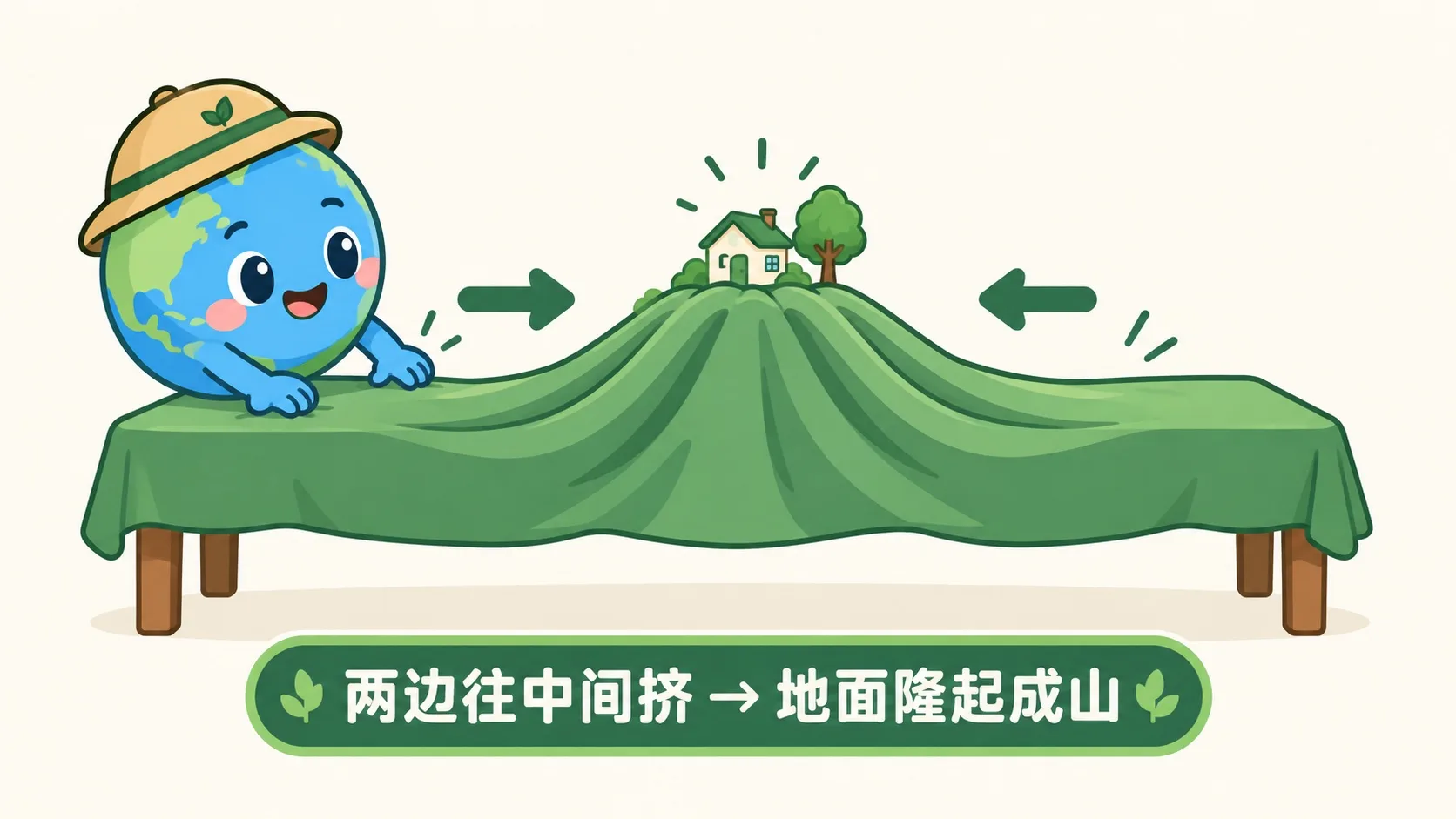 把桌布从两边往中间推，中间隆起
