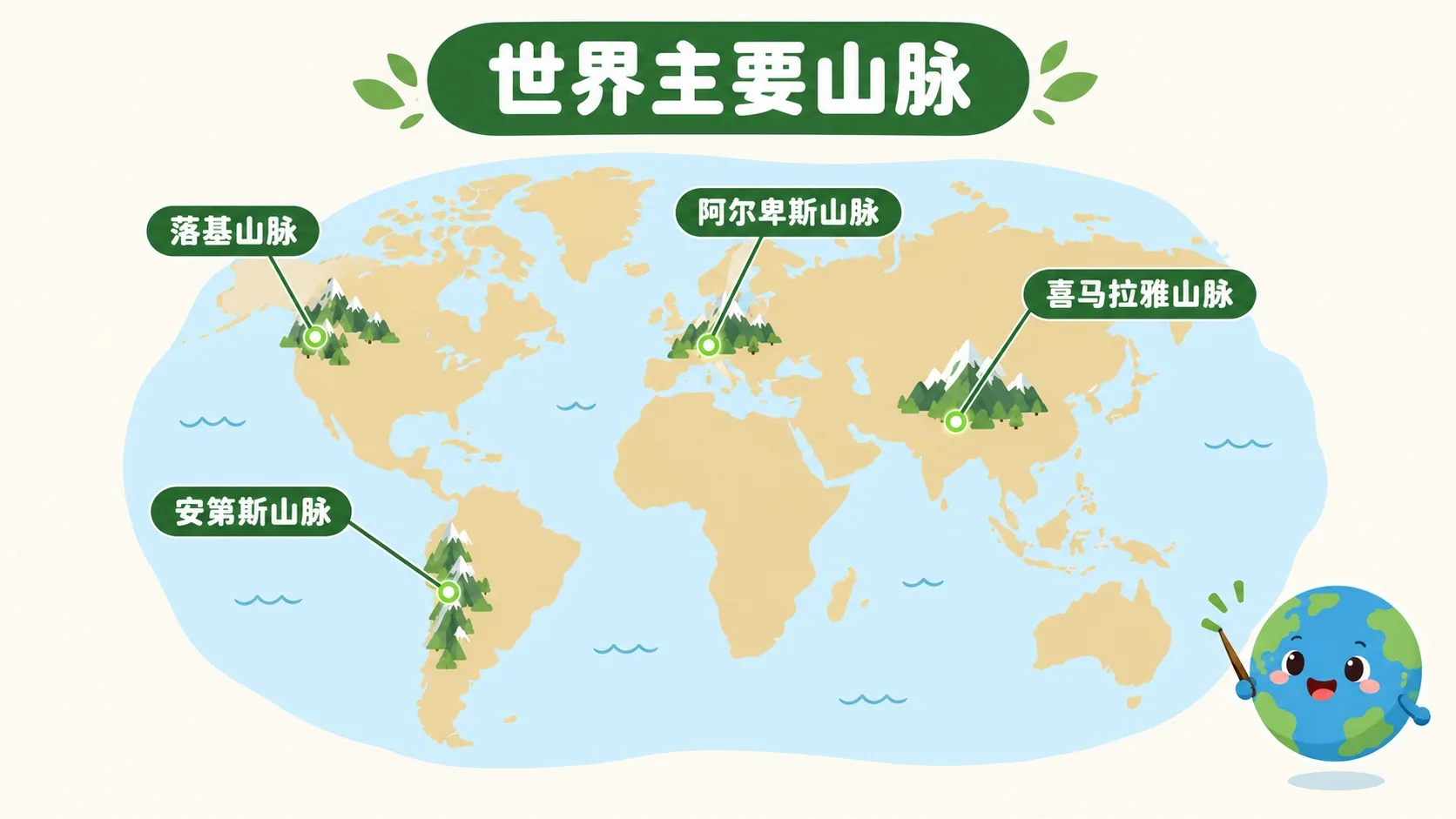 世界主要山脉：喜马拉雅、安第斯、阿尔卑斯、落基山