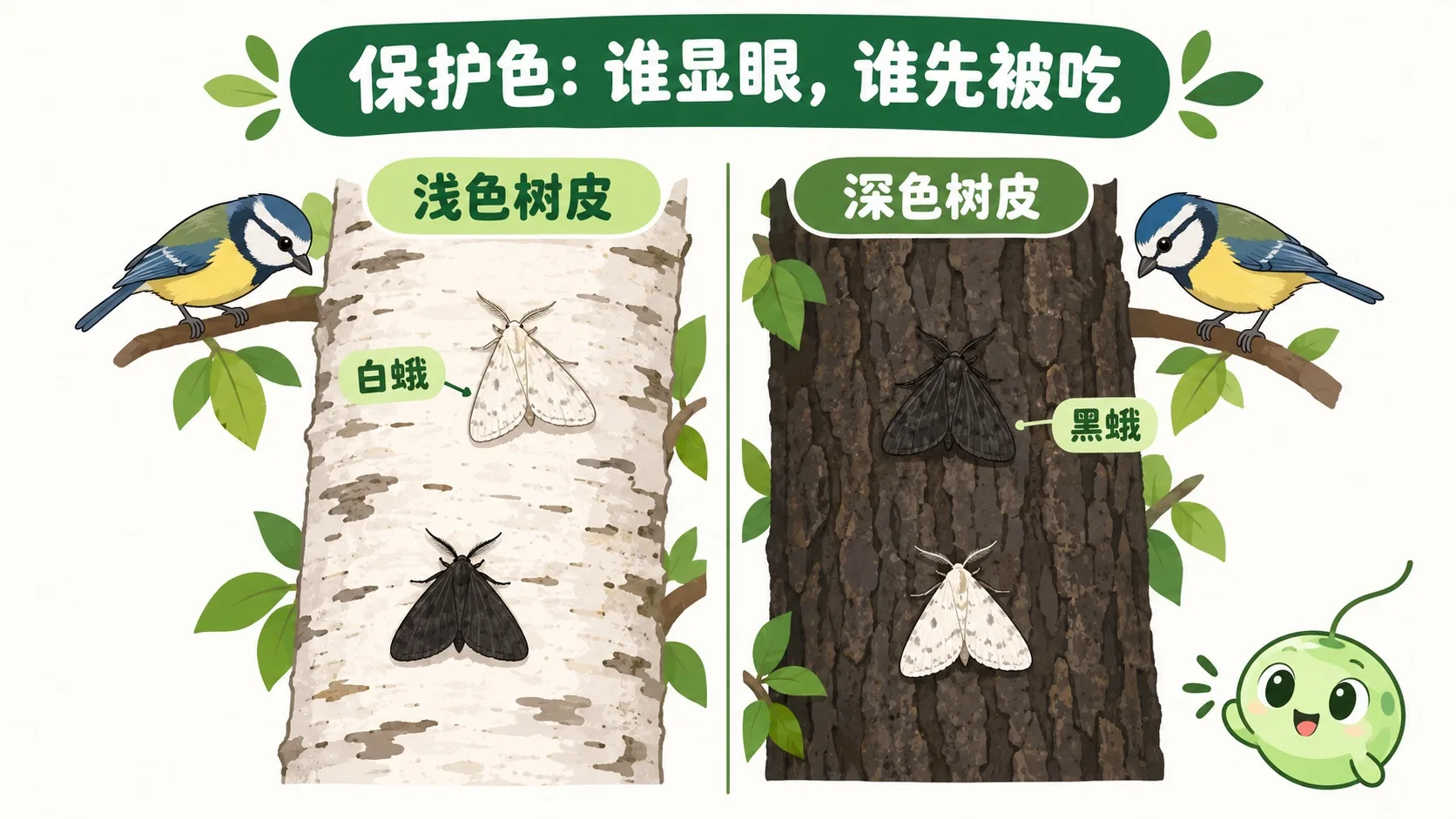 黑白桦尺蛾分别落在浅色和深色树皮上，保护色不同的显眼程度对比