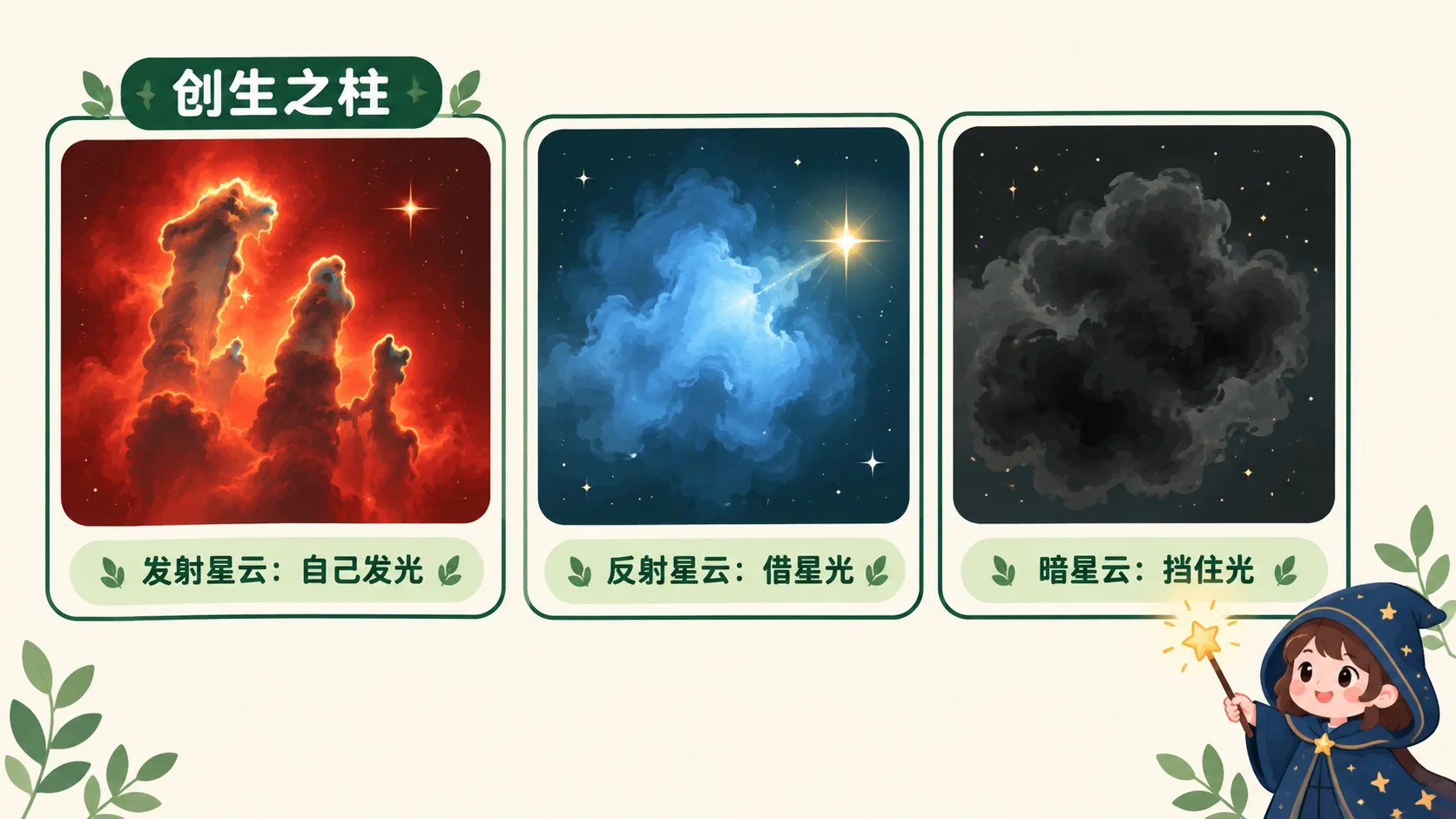 发射、反射、暗星云对比，创生之柱