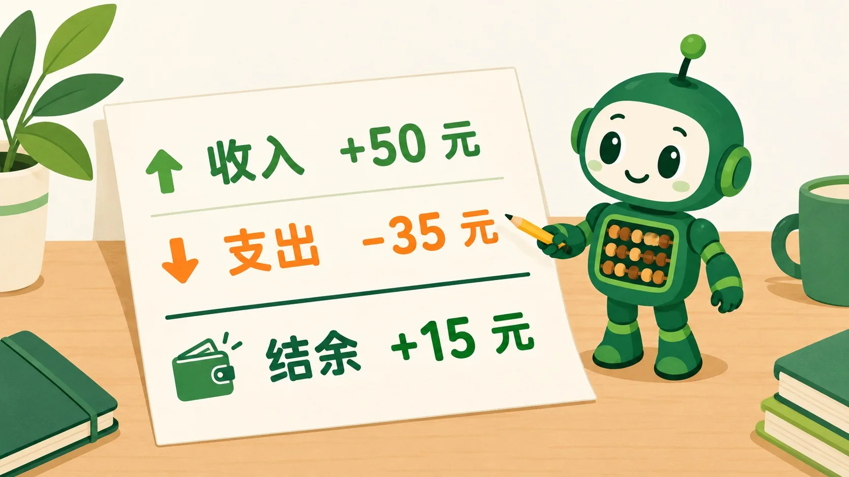 账单正负：收入 +50、支出 -35、结余 +15