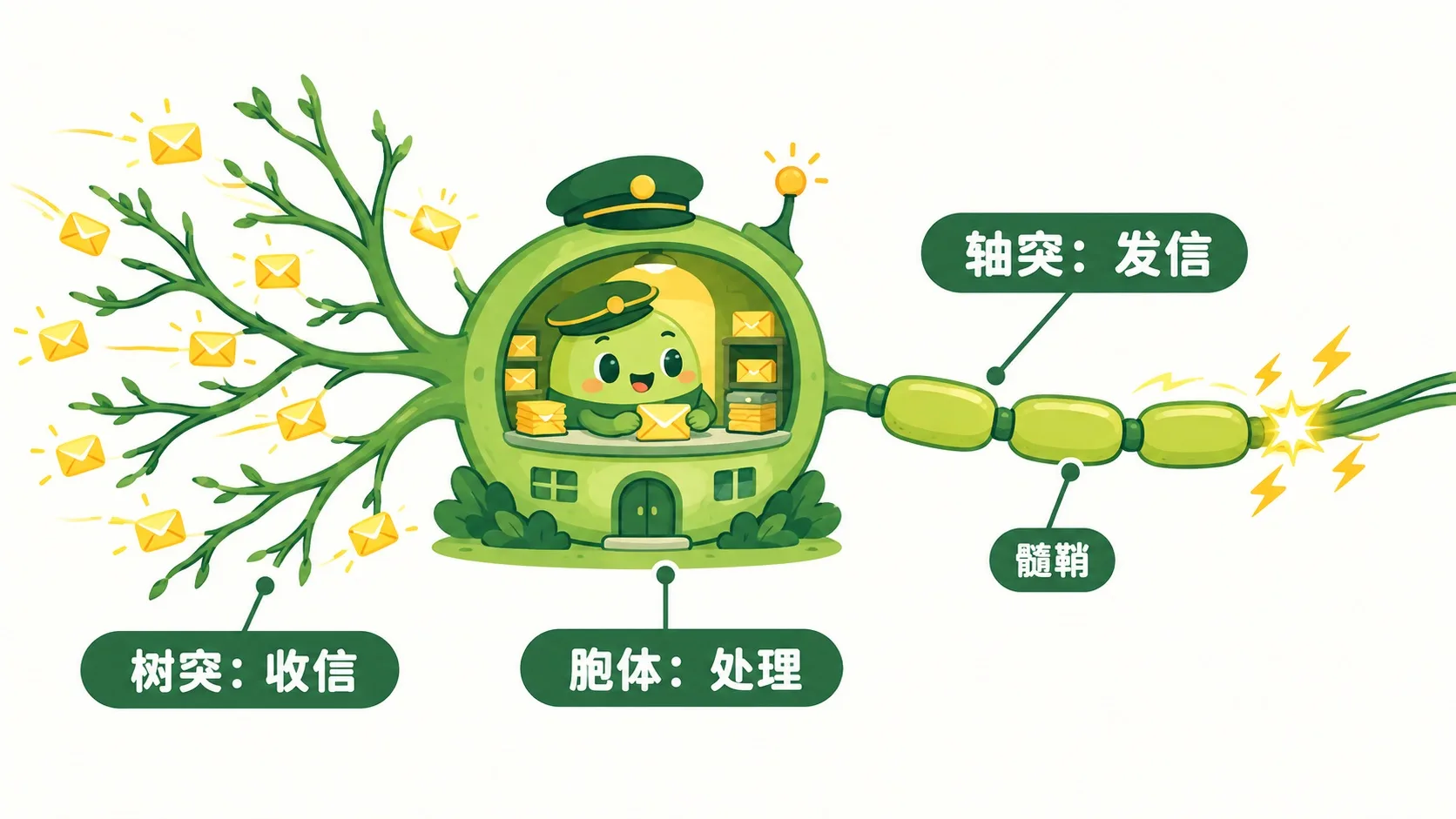 神经元结构：树突收信、胞体处理、轴突发信、髓鞘护线
