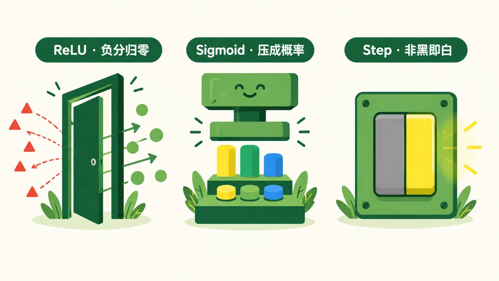 三种门卫：ReLU、Sigmoid、Step