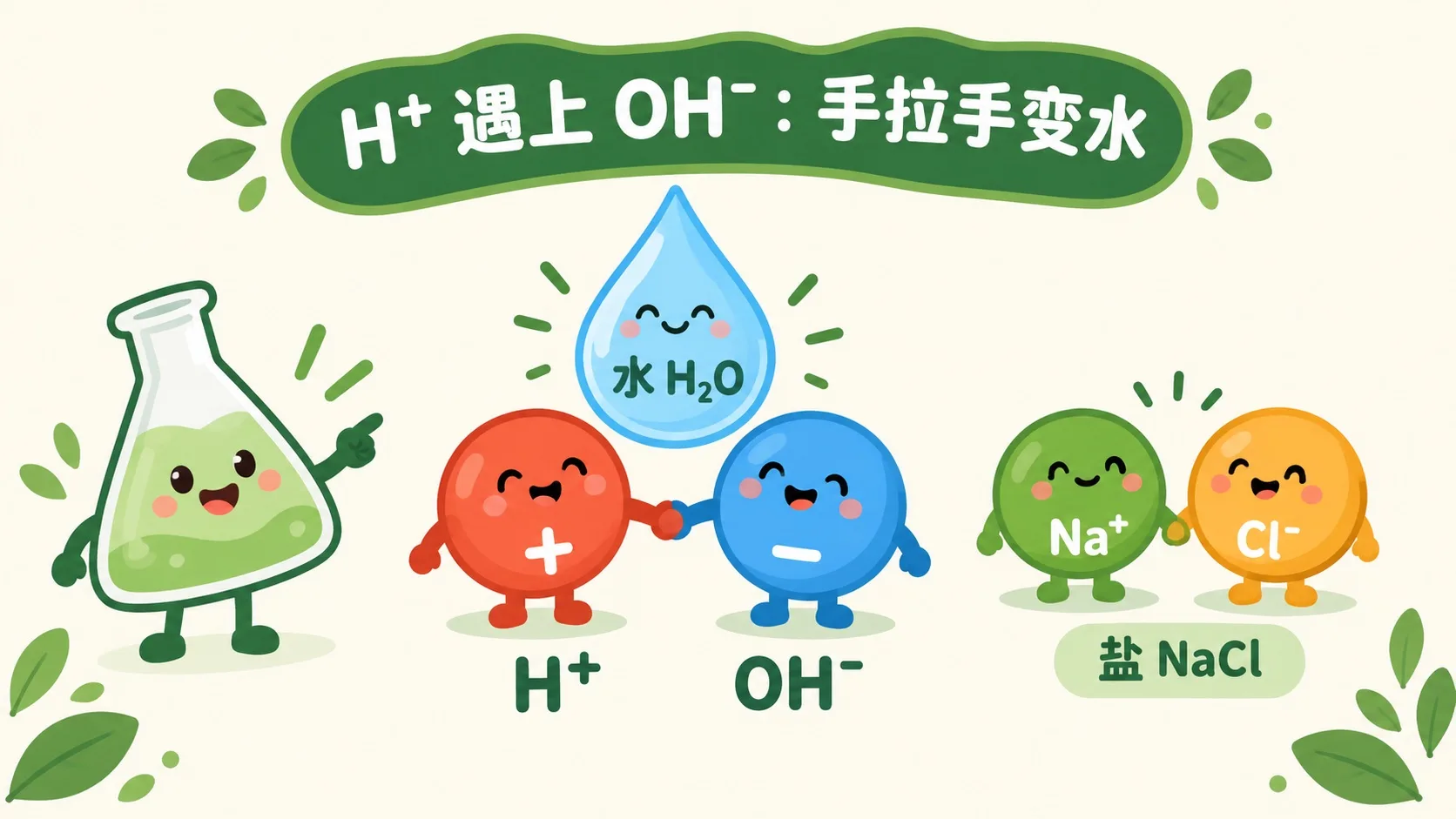 H⁺ 与 OH⁻ 手拉手变成水 H₂O，Na⁺ 与 Cl⁻ 留在旁边组成盐