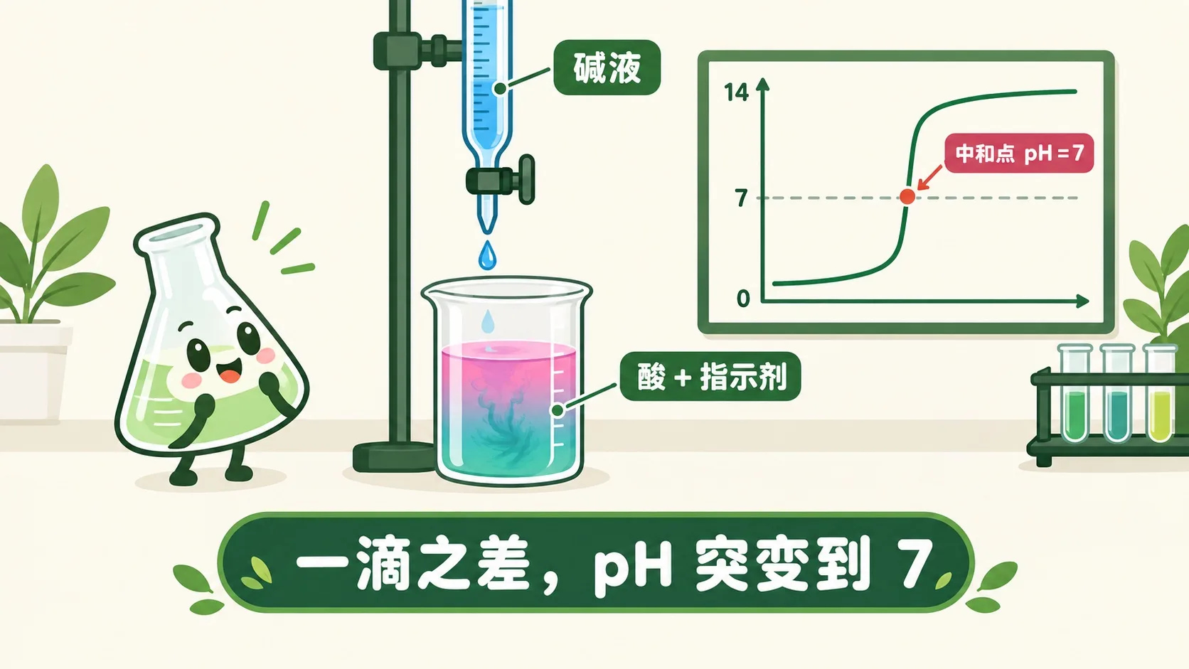 滴定：滴管往酸里滴碱，pH 曲线在中和点陡跳