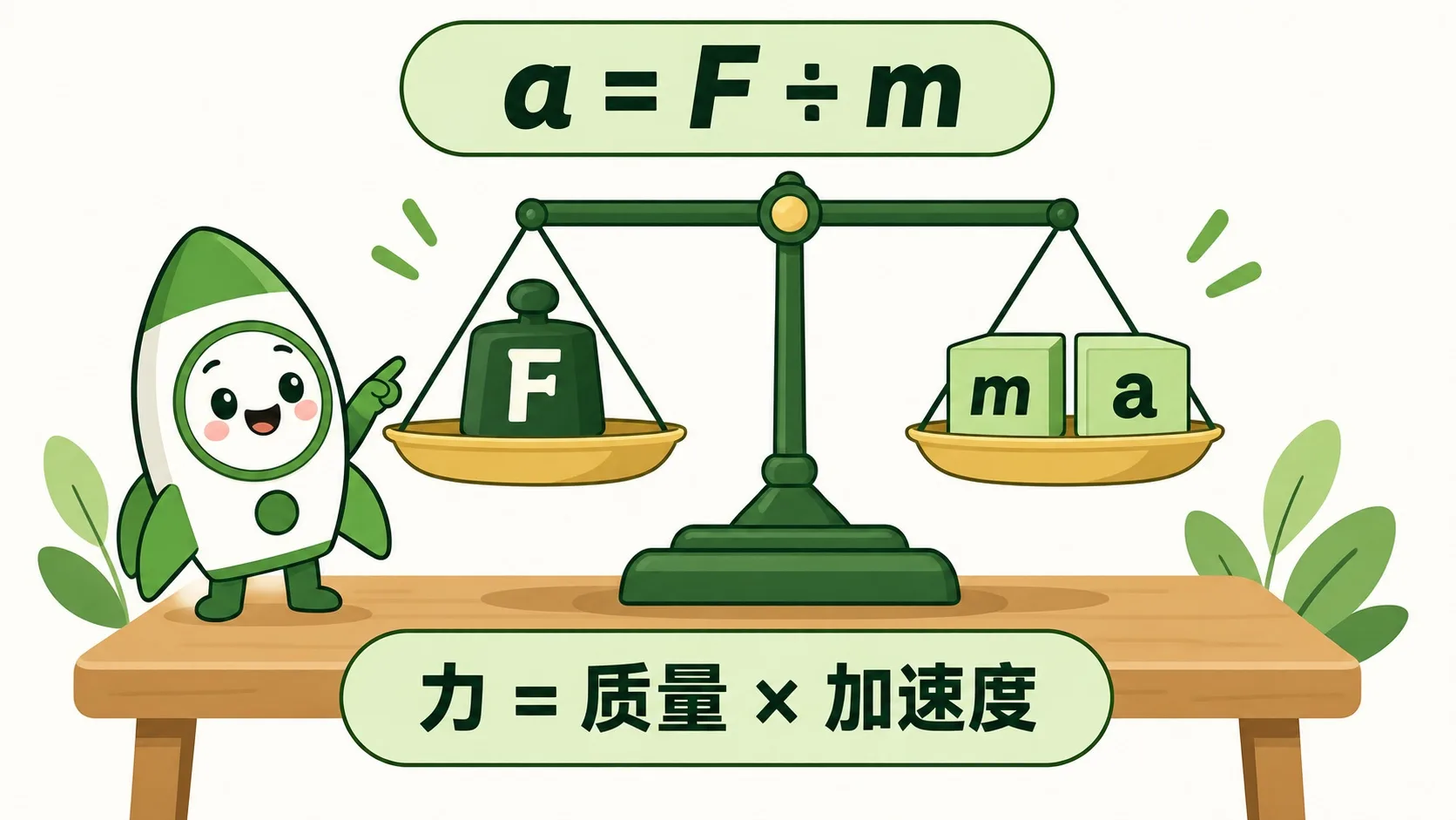 a=F÷m 天平：F 与 m 平衡