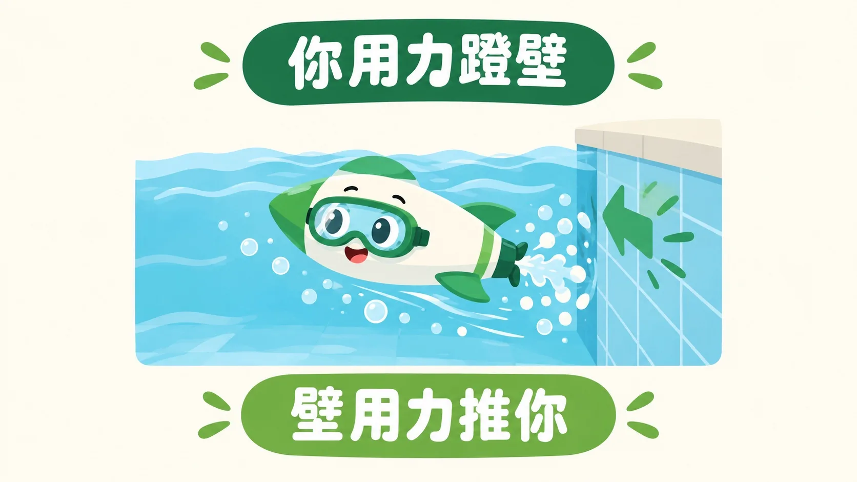 脚蹬泳池壁，壁把人推向前