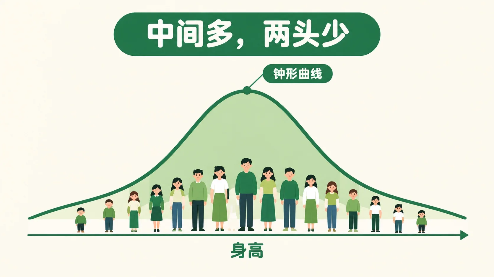 钟形曲线下站着中间多两头少的人群