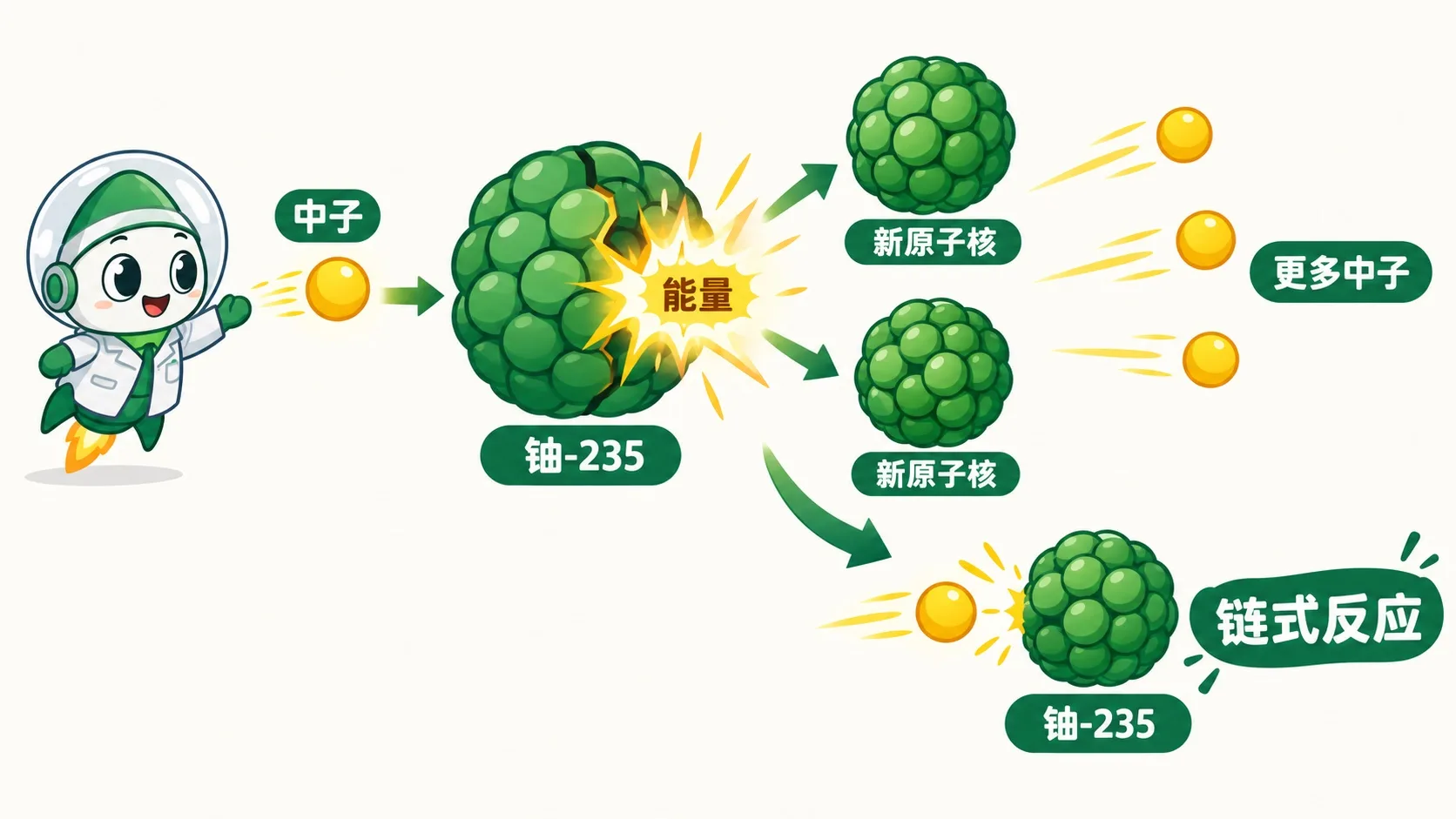 中子撞上铀-235，裂成两个新原子核并放出更多中子