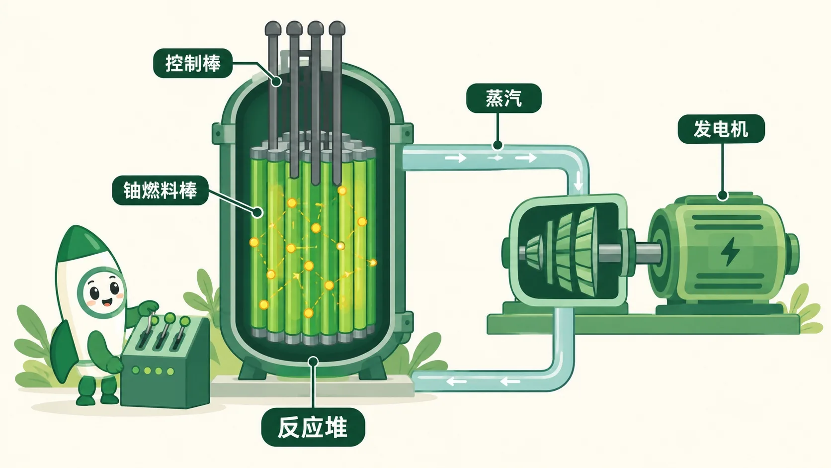 核电站剖面：控制棒插入反应堆吸收中子