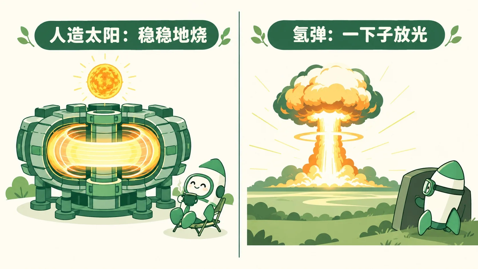 人造太阳稳稳燃烧与氢弹瞬间释放的对比