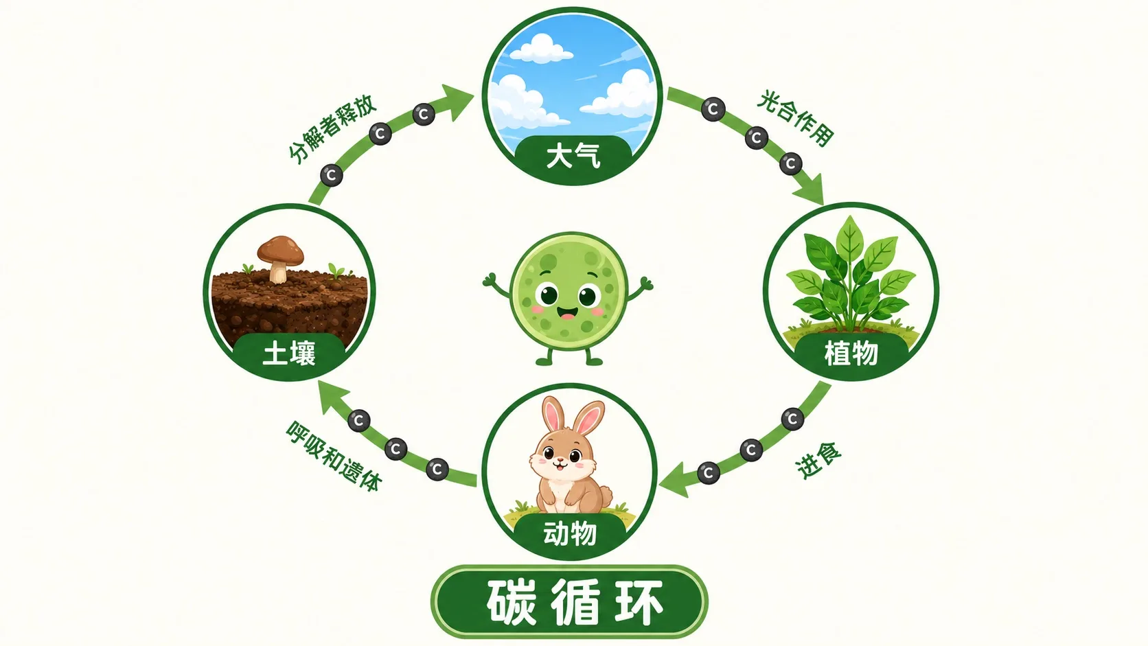 碳循环：大气 — 植物 — 动物 — 土壤 — 大气