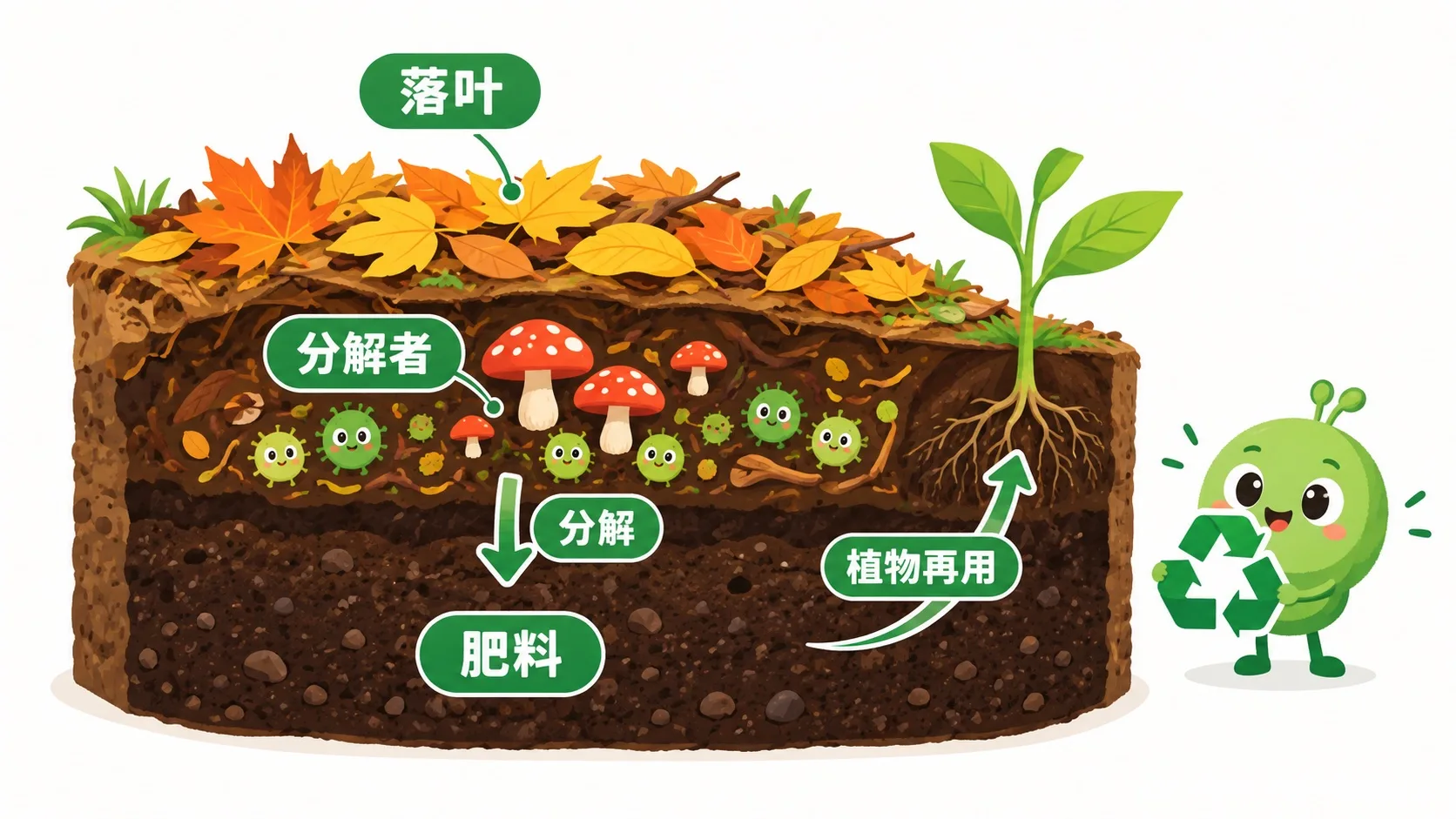 分解者：蘑菇把落叶变成肥料，养分回到土壤
