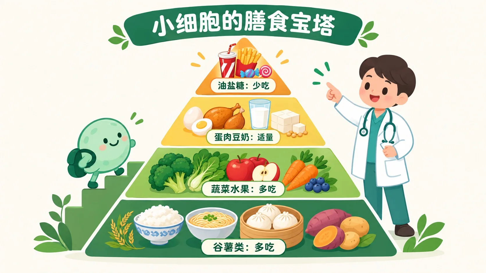 膳食宝塔：谷薯蔬果放开吃，塔尖油盐糖只尝味
