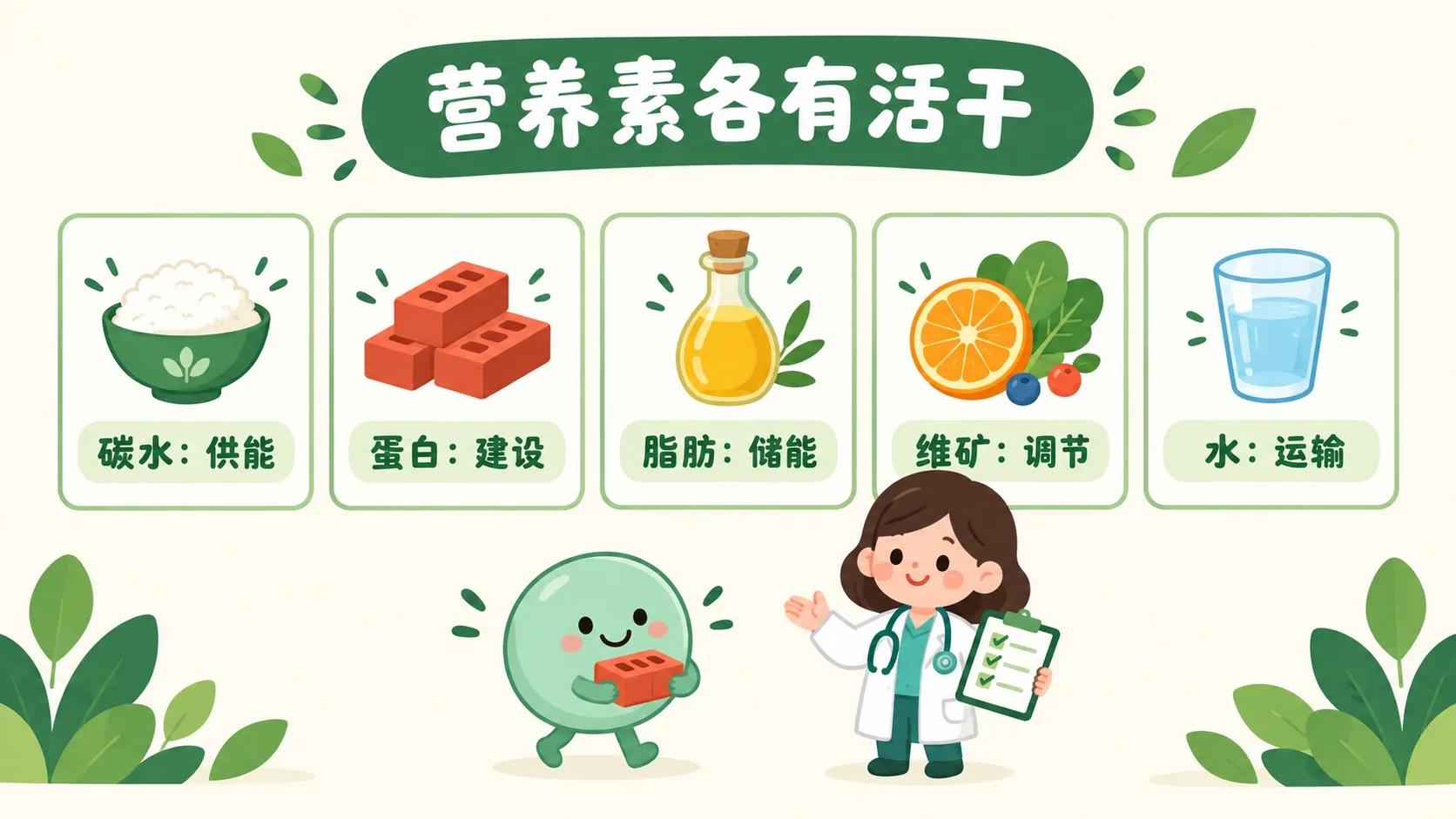 营养素功能卡：碳水供能、蛋白建设、脂肪储能、维矿调节、水运输