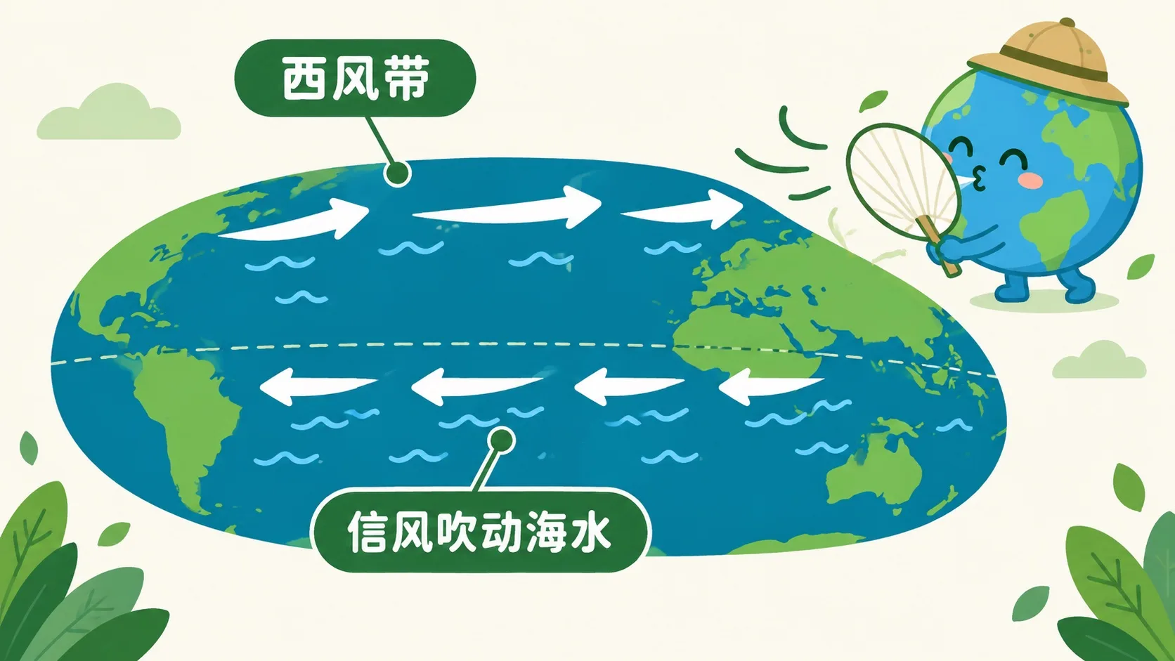 信风和西风带推动海水表层