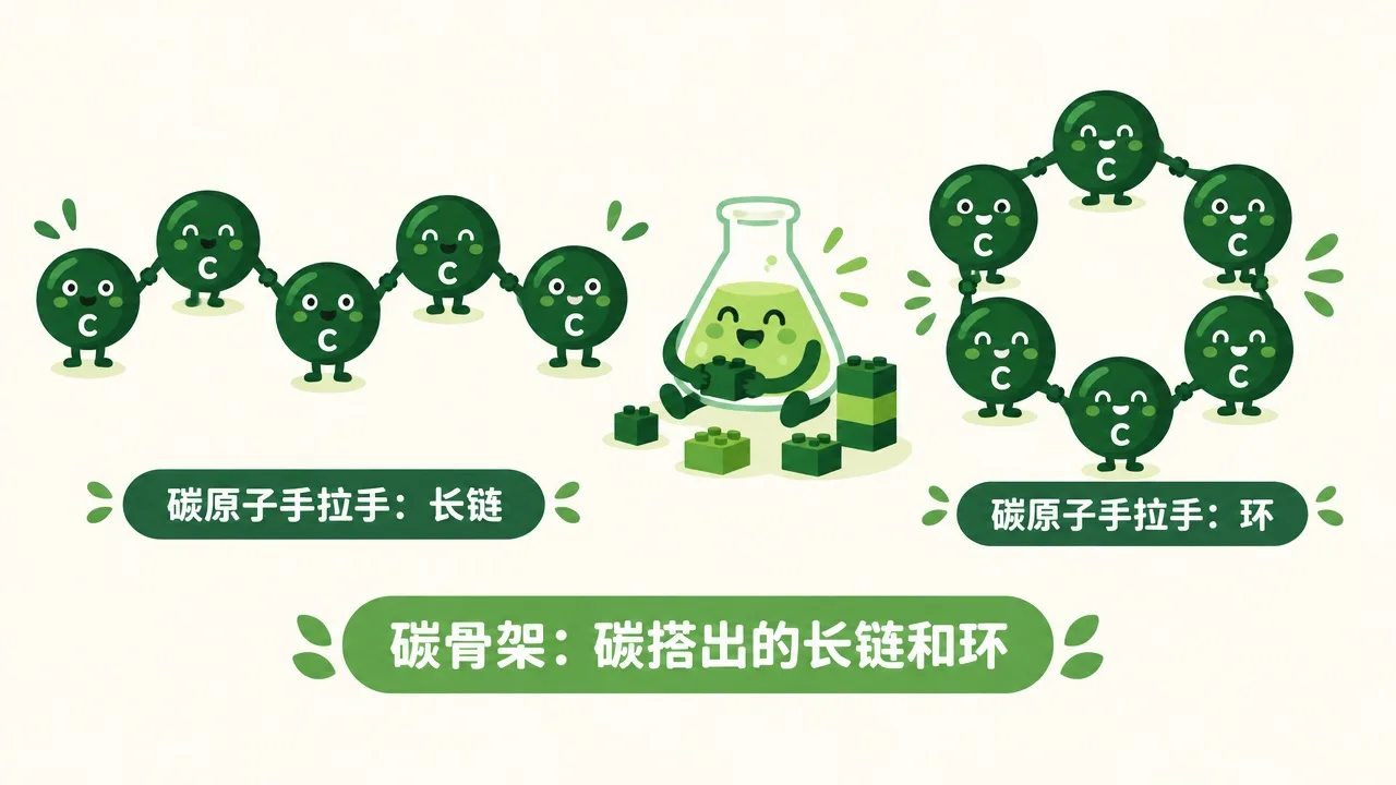 碳原子手拉手搭成长链和环：碳骨架