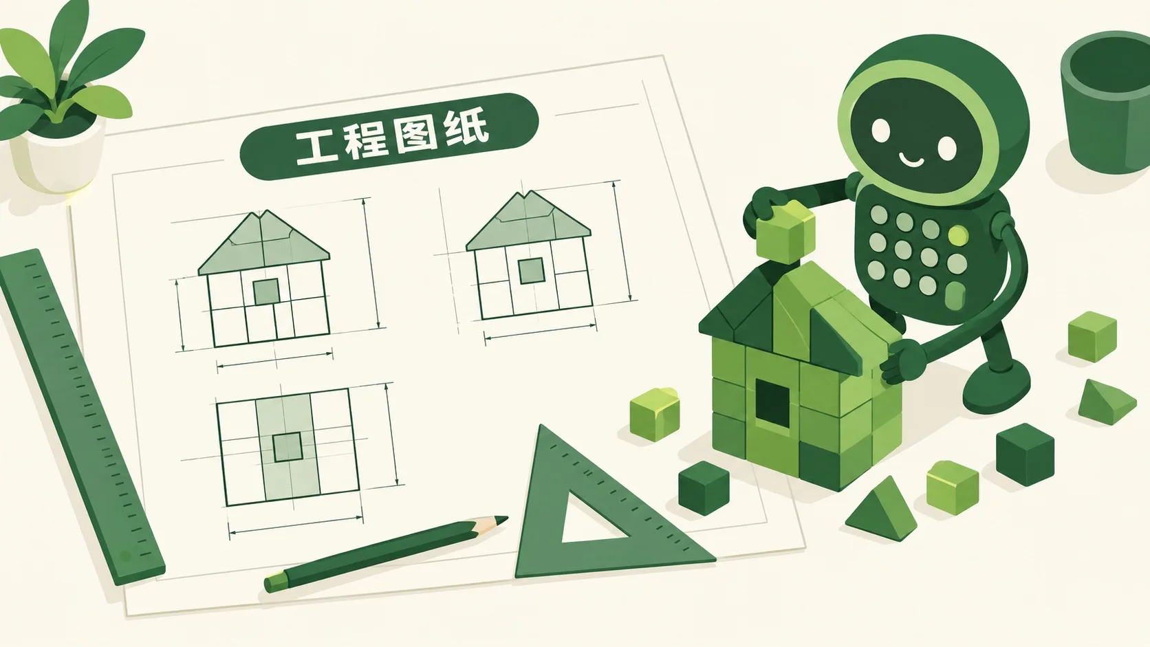工程师图纸：三视图与积木小房子