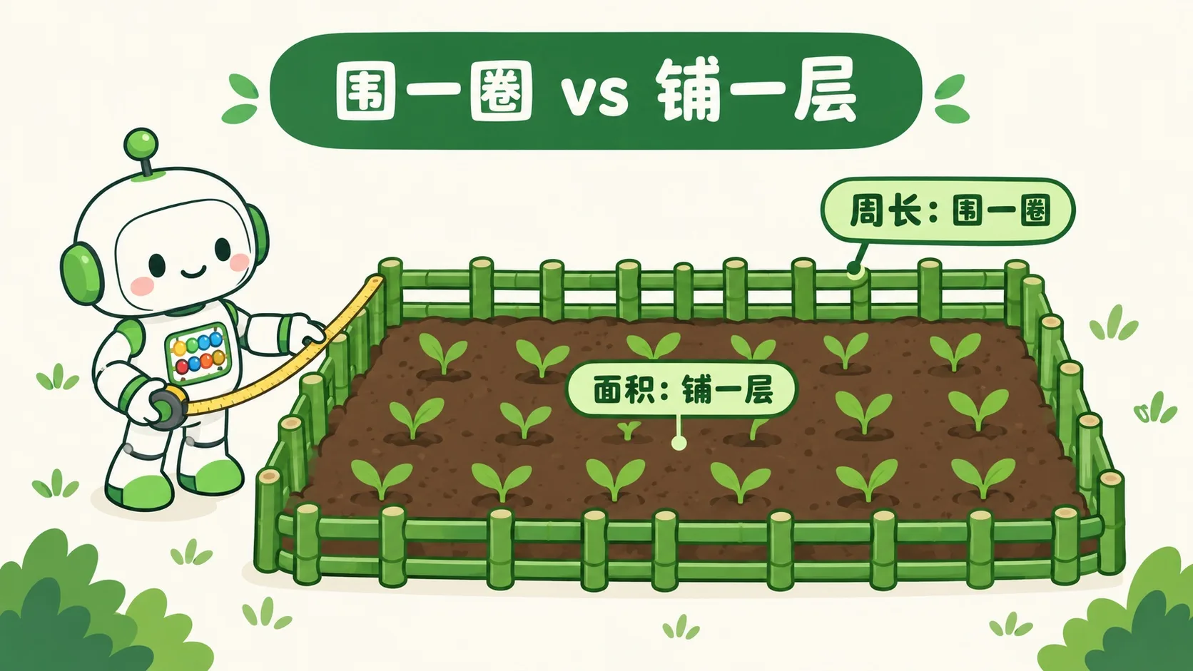 篱笆围菜地：周长是围一圈，面积是铺一层