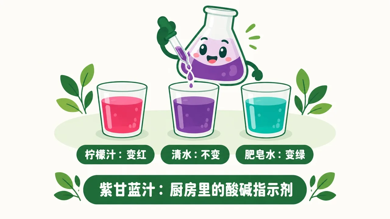 紫甘蓝汁滴入柠檬汁、清水、肥皂水，变成红、紫、绿