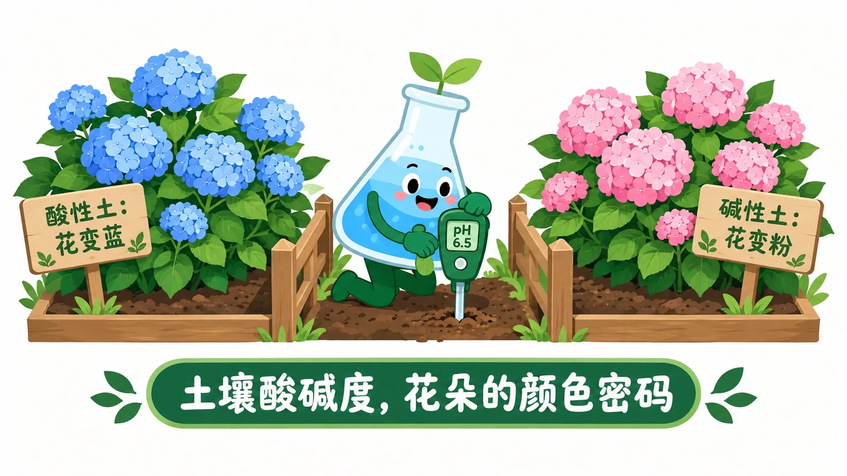 绣球花：酸性土开蓝花，碱性土开粉花