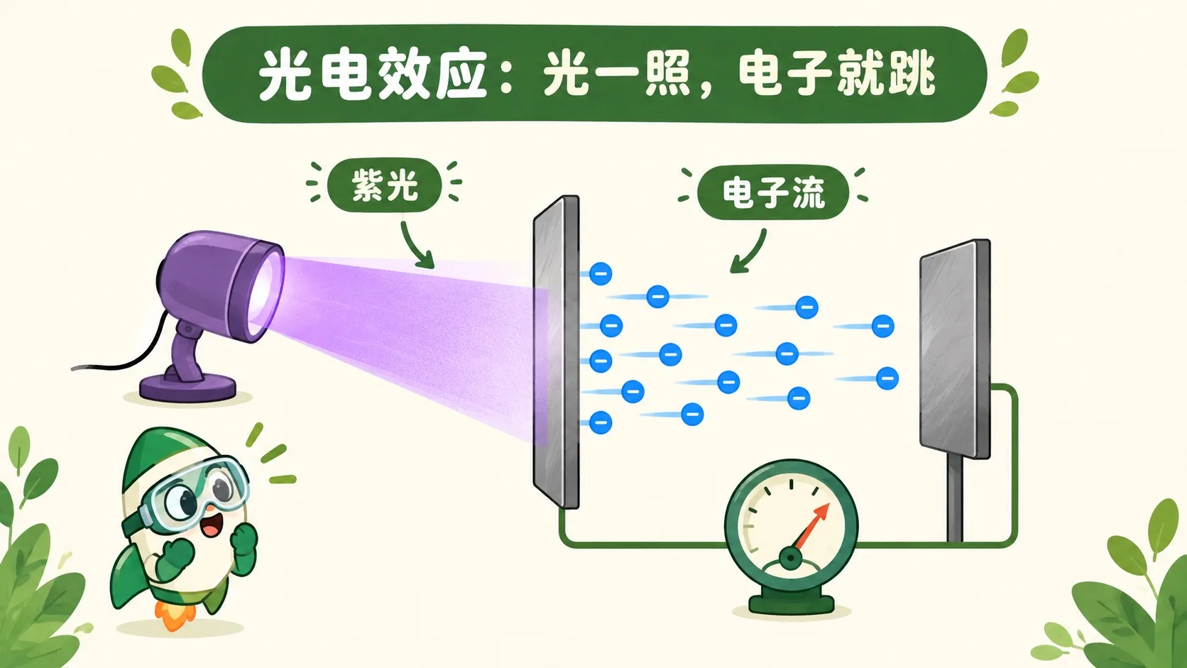 紫光照射金属板，电子飞出形成光电流