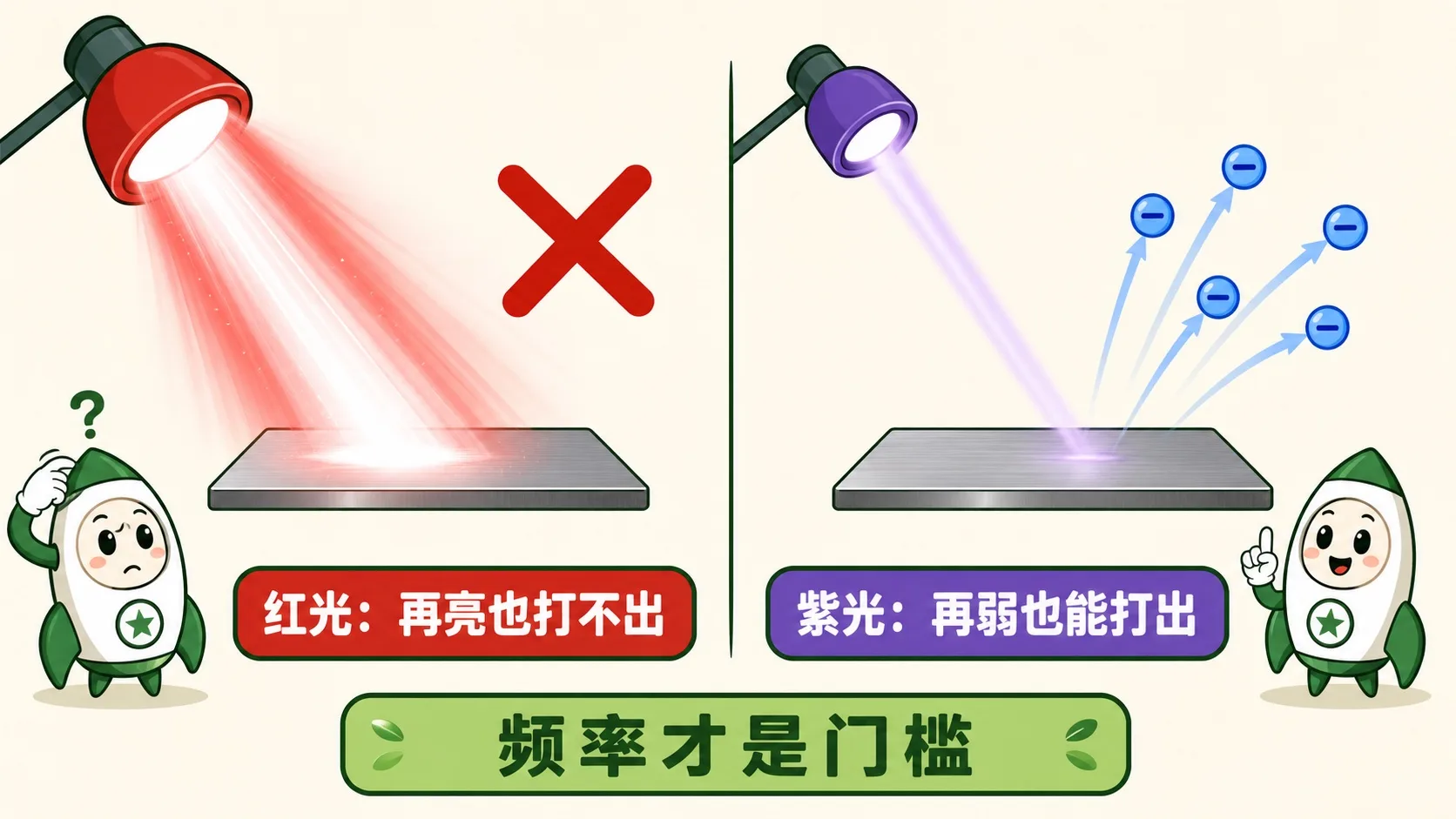 红光再亮打不出电子，紫光再弱也能打出