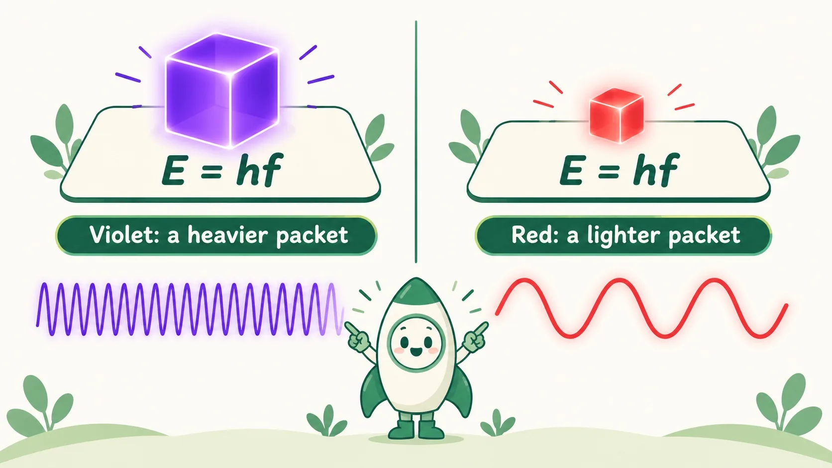 E = hf：紫光光子大，红光光子小