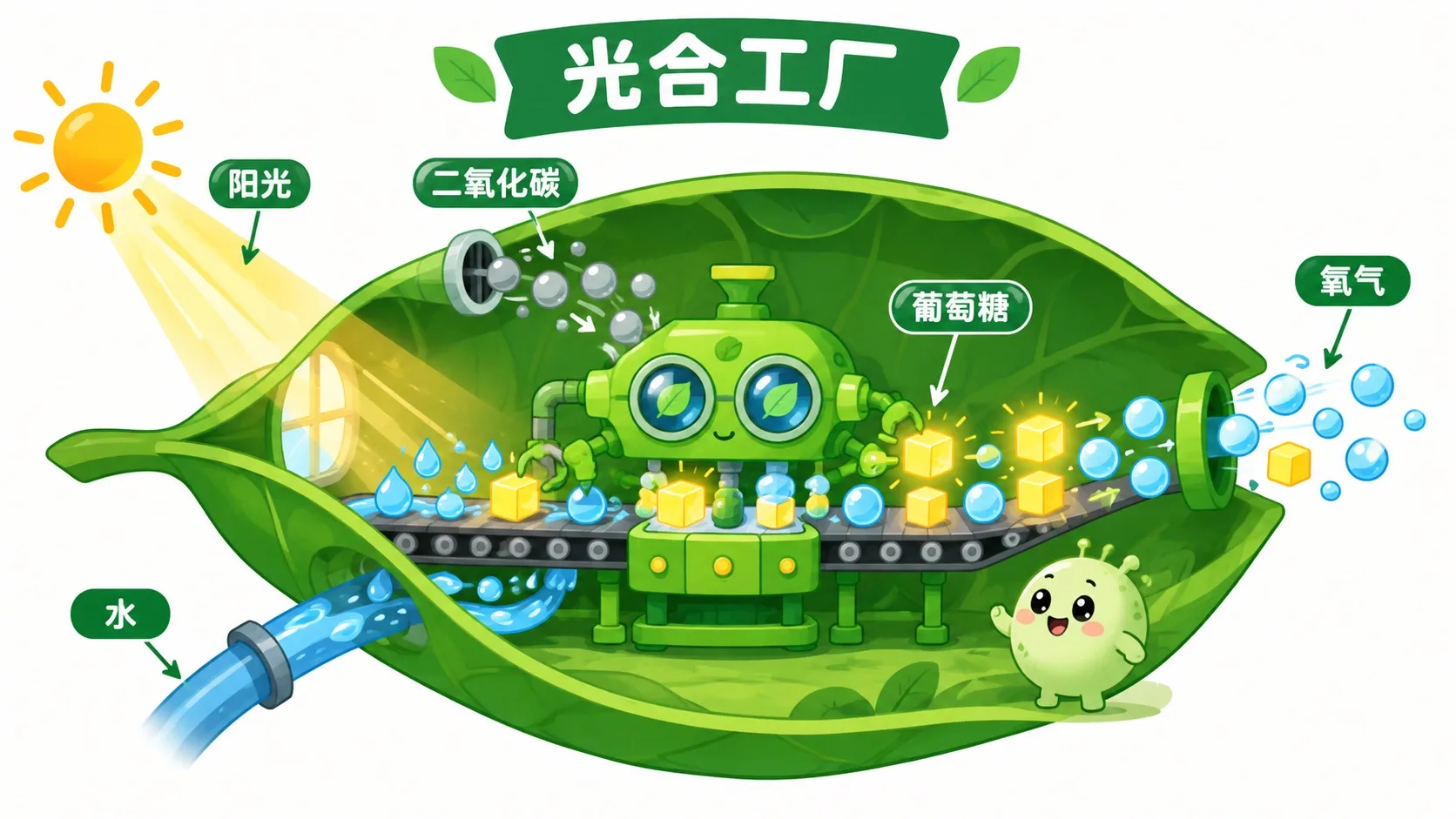 叶绿体工厂：光、水、CO₂ 进，葡萄糖和氧气出