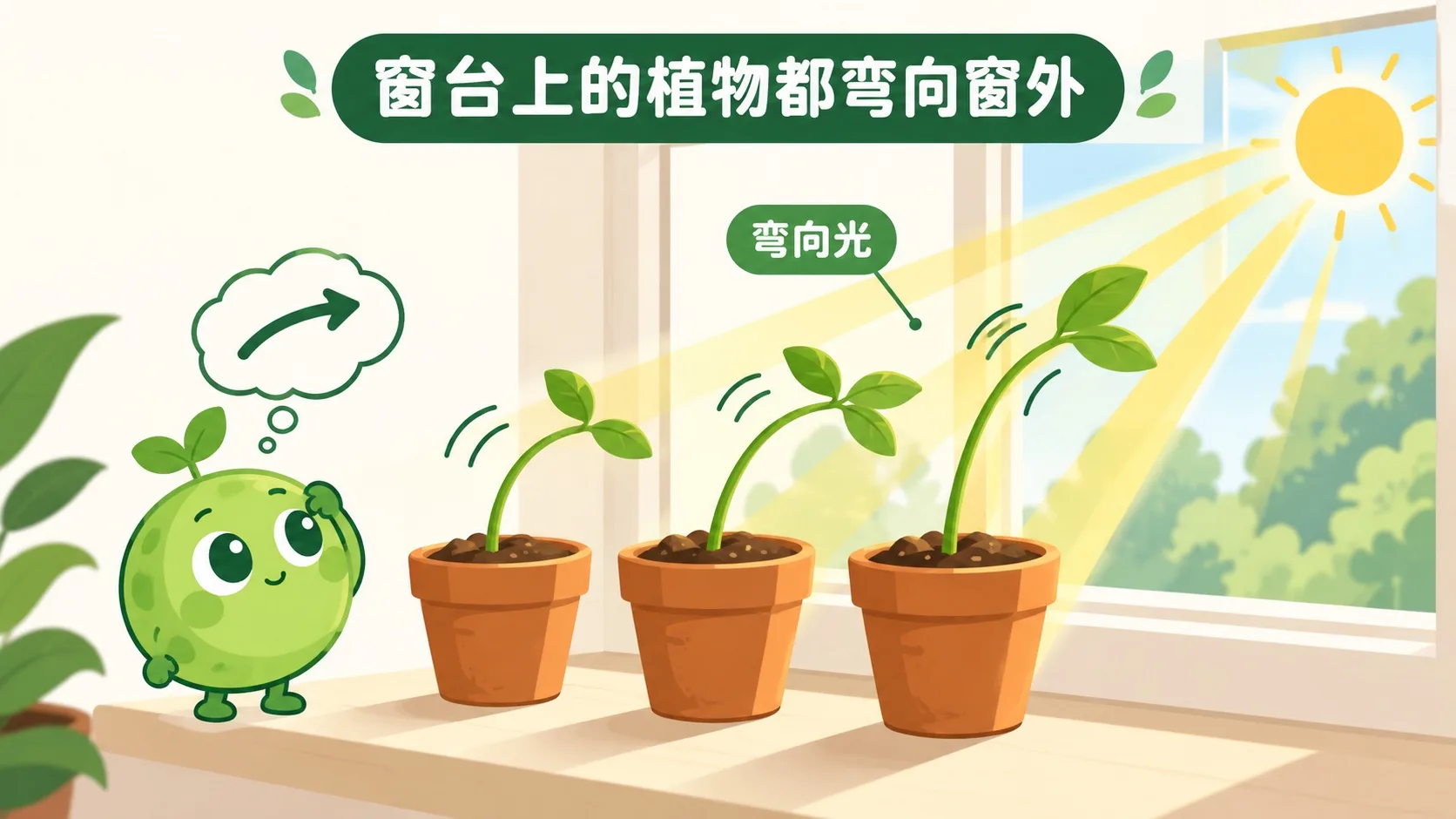 窗台上的植物都弯向窗外