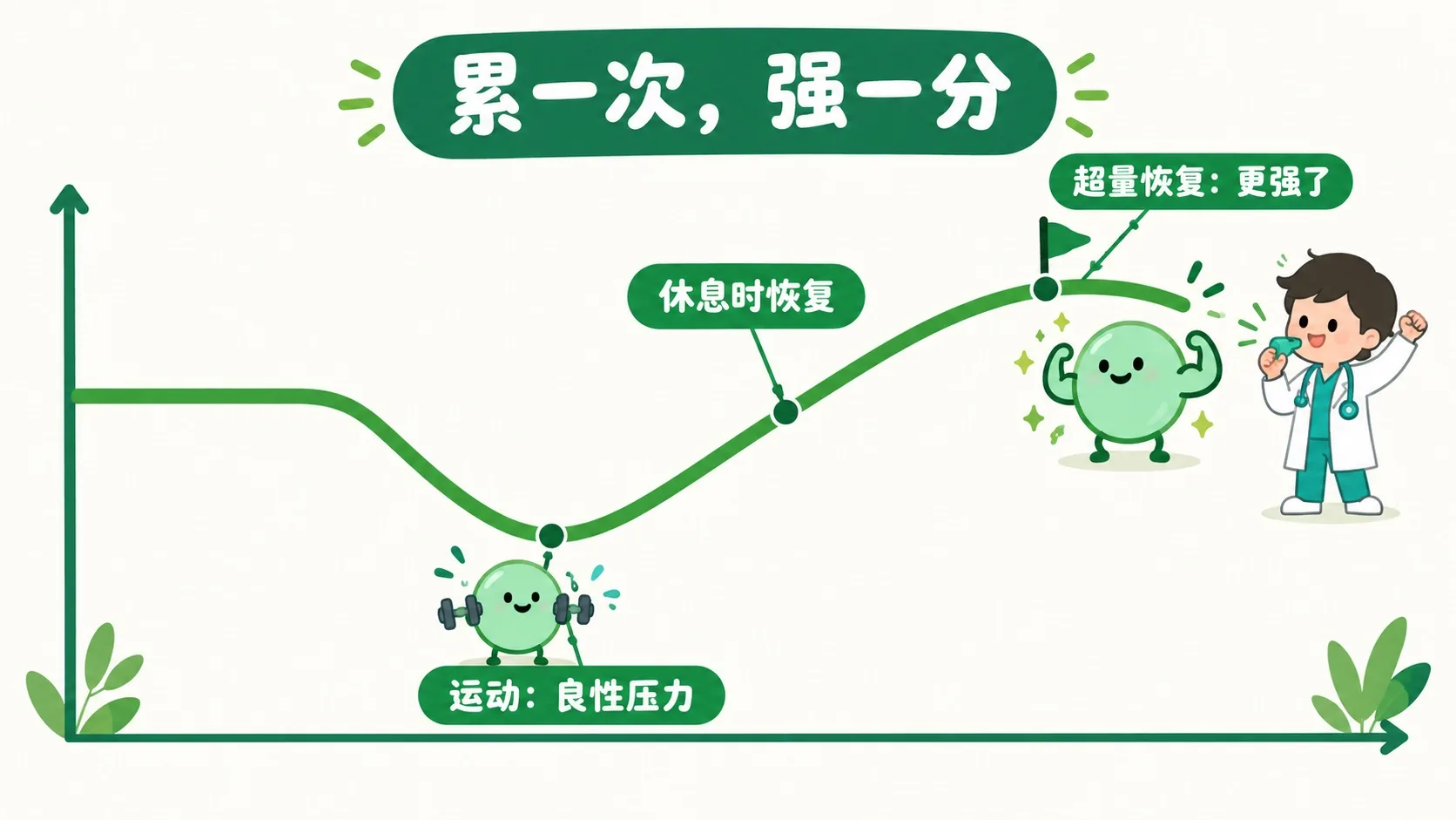 超量恢复曲线：运动疲劳后休息，变得比原来更强