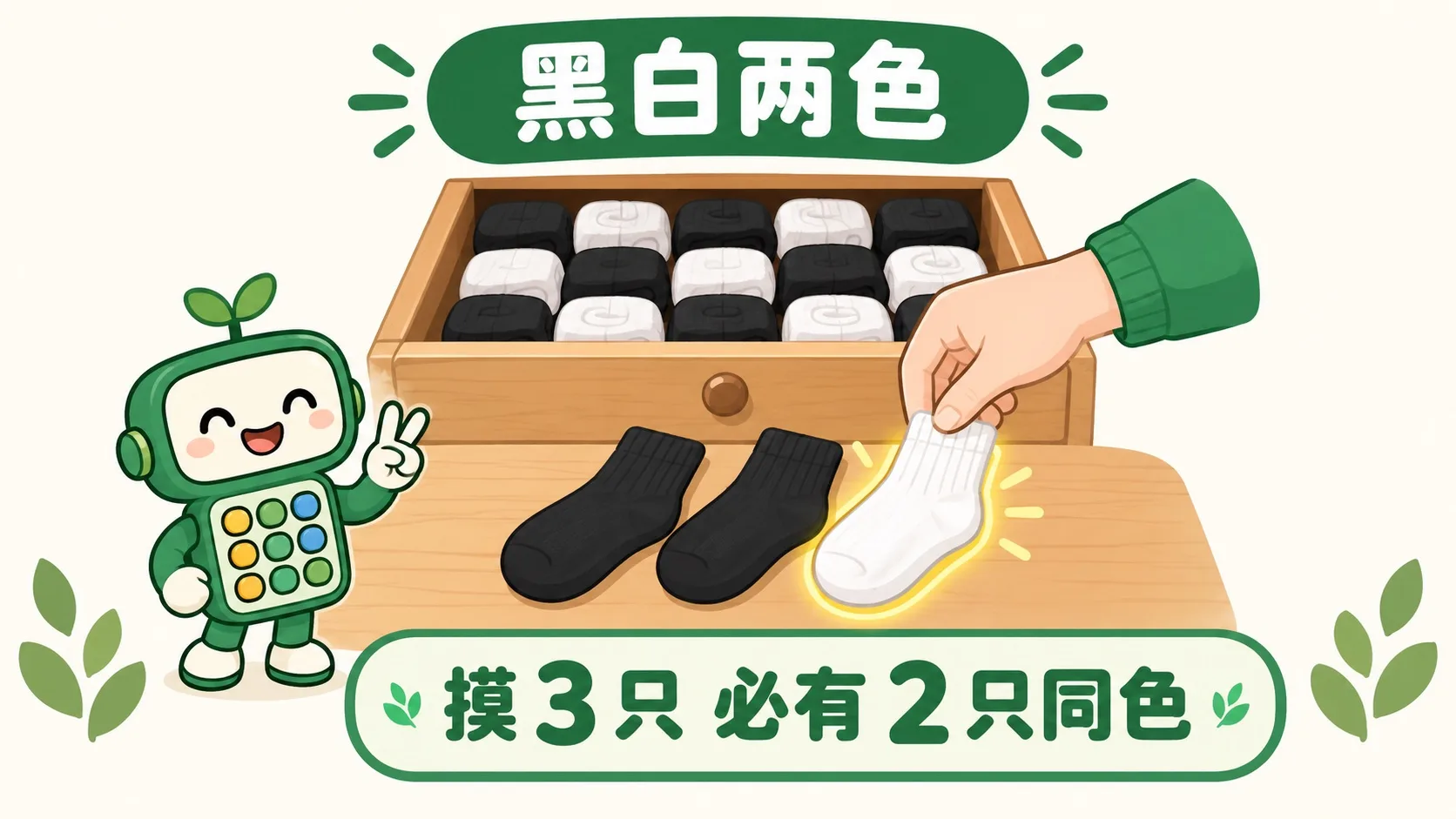 黑白两色袜子，摸 3 只必有 2 只同色
