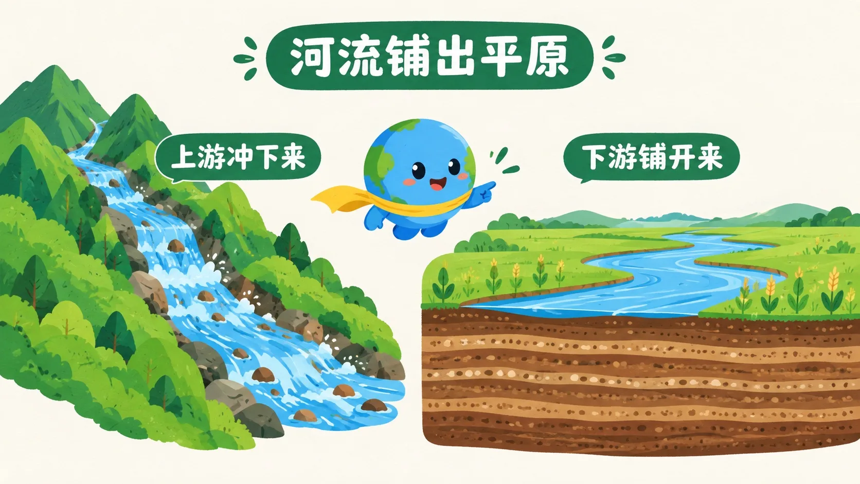 冲积平原形成：上游冲下来、下游铺开来
