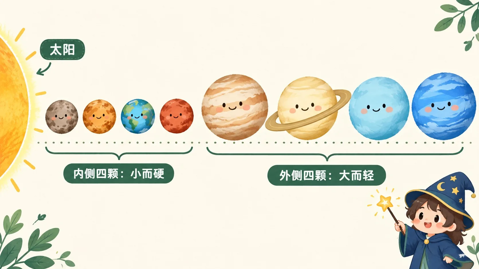 八大行星全家福：内侧四颗小而硬，外侧四颗大而轻