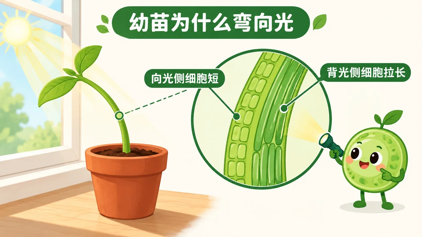 幼苗向光弯曲：背光侧细胞拉长