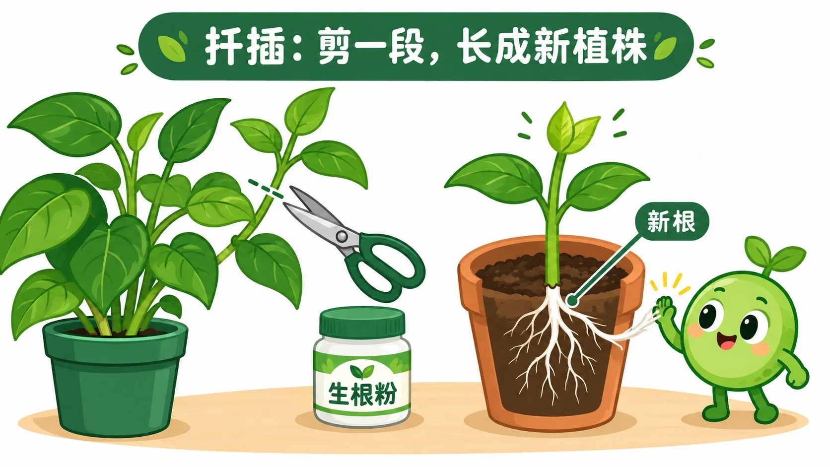 扦插生根：剪一段枝条，蘸生根粉长出新根
