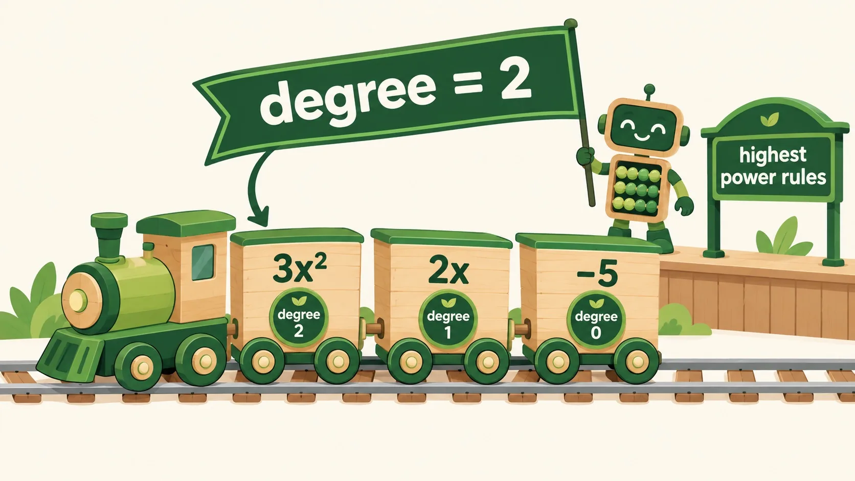 3x²+2x−5 每节车厢挂次数牌：2 次、1 次、0 次，整列车次数是 2