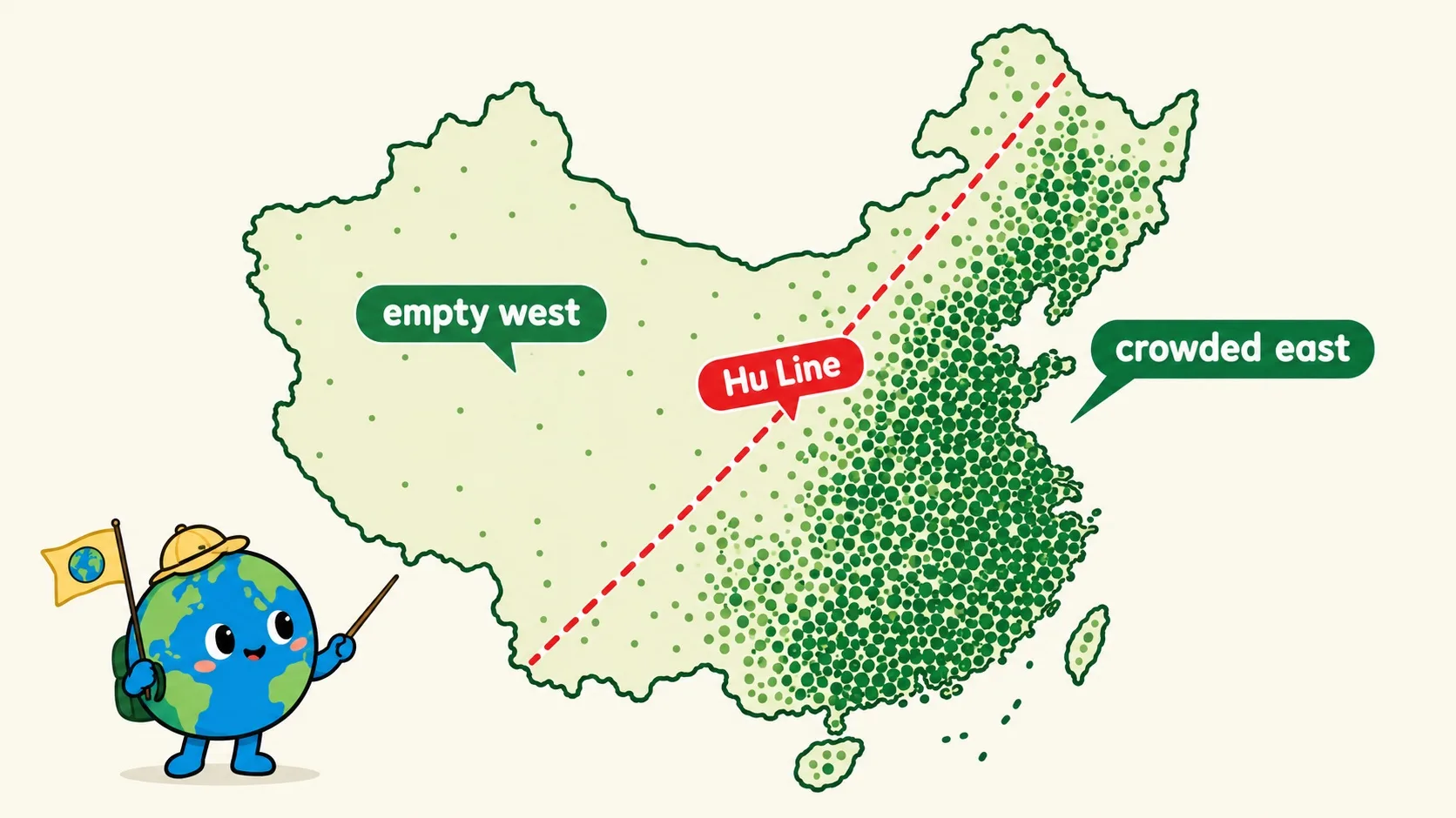 中国人口密度图，东部密西部疏，胡焕庸线斜穿而过