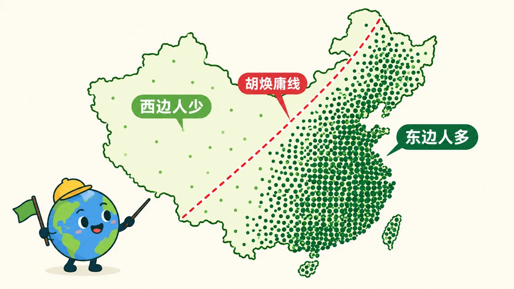 中国人口密度图，东部密西部疏，胡焕庸线斜穿而过