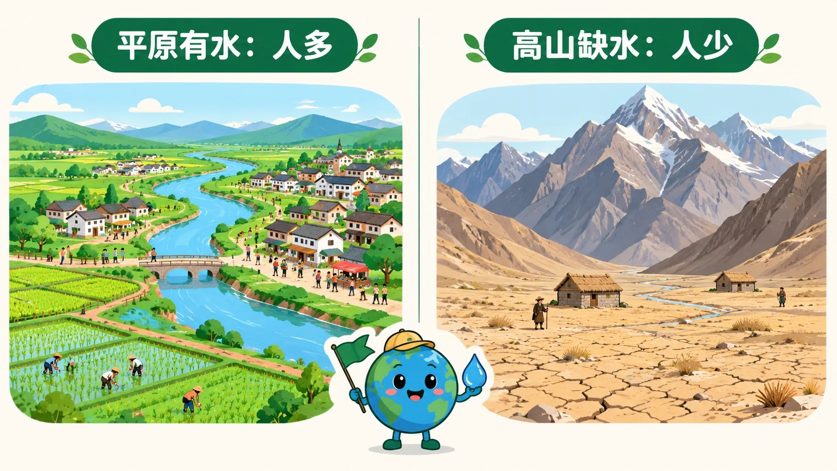 平原有水人多与高山缺水人少的对比