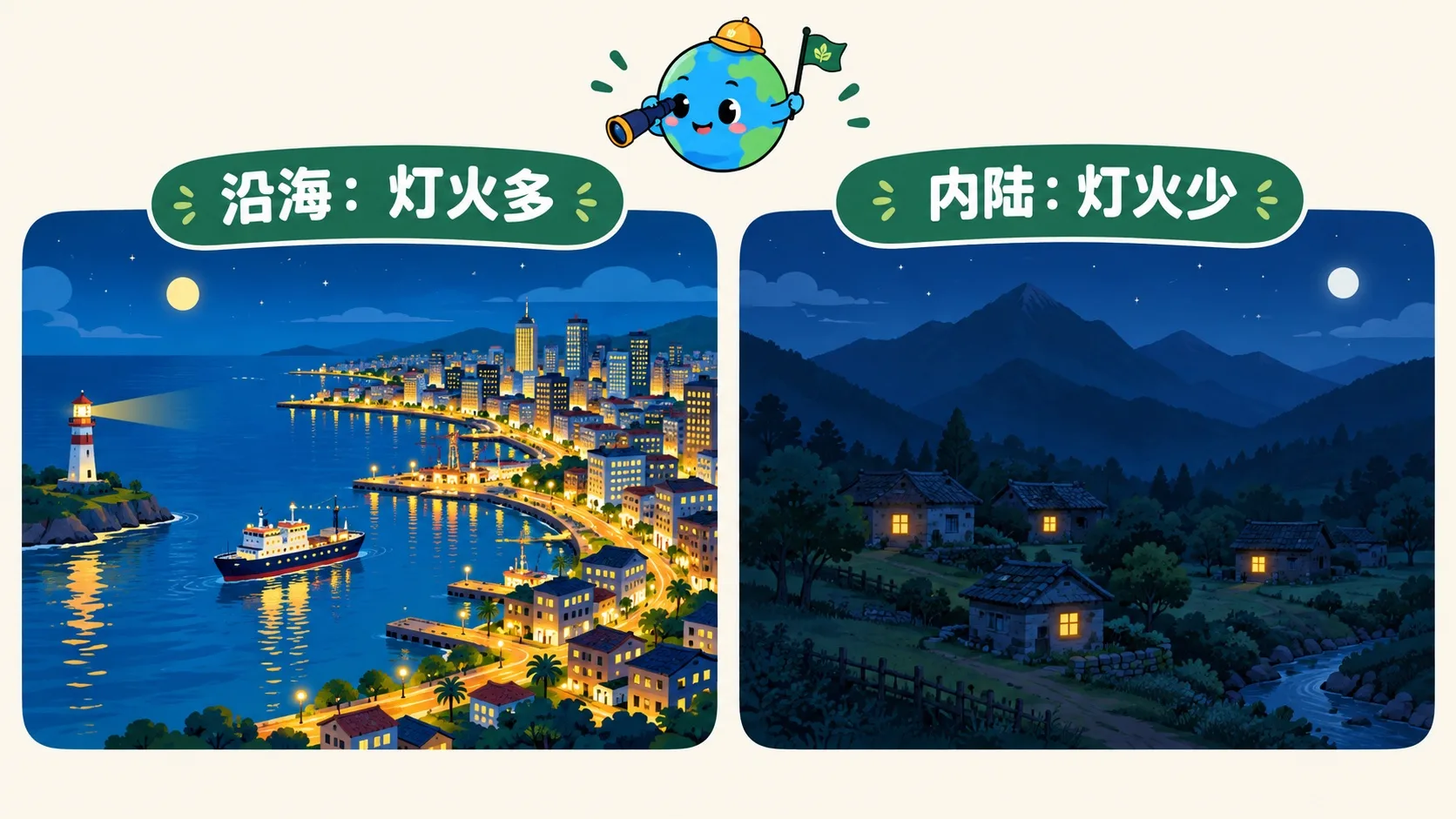沿海灯火连片与内陆灯火零星的夜景对比
